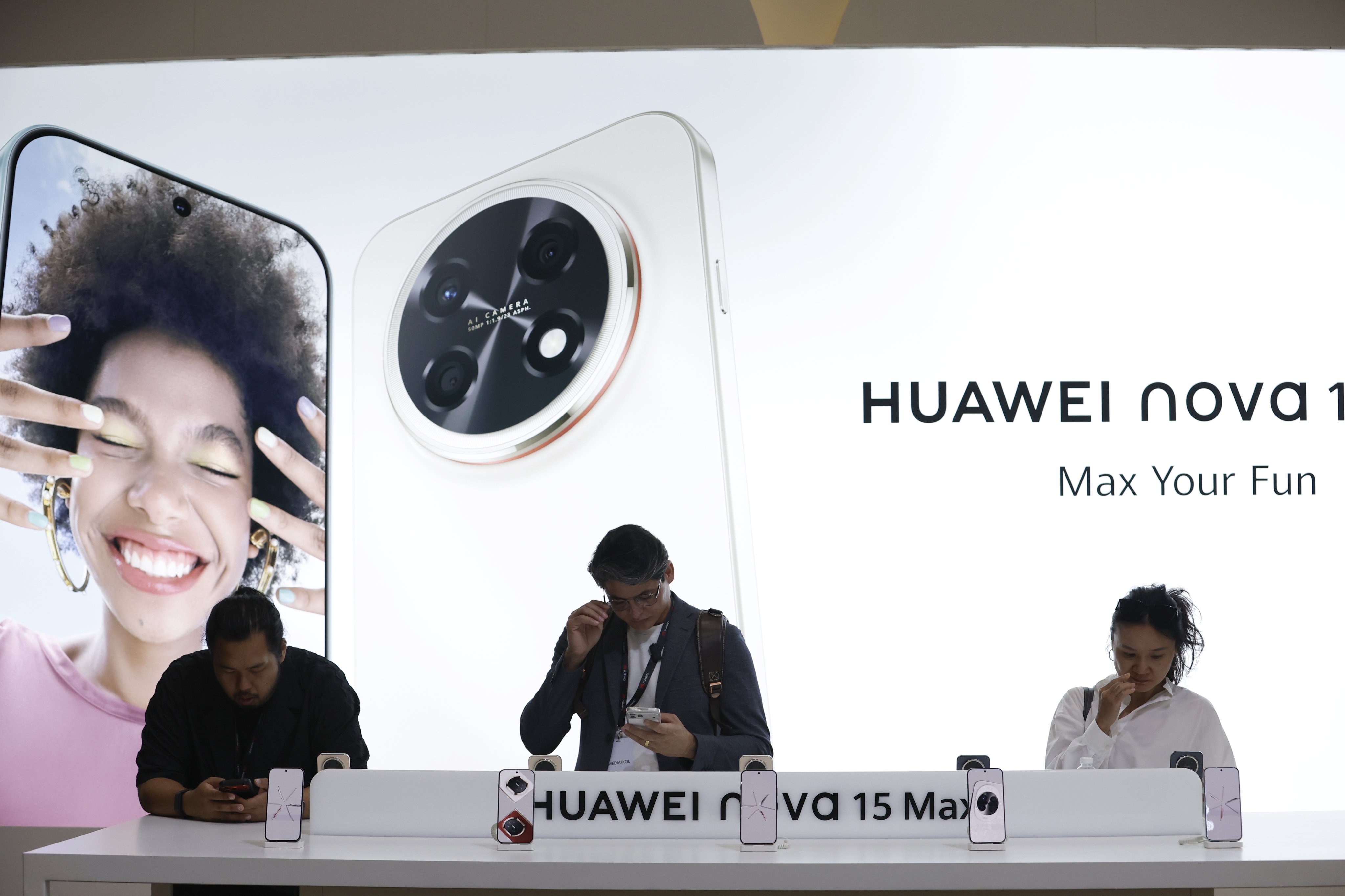Huawei Nova 15 Max smartphones at the Huawei Innovative Product launch event in Bangkok on May 7. Photo: EPA