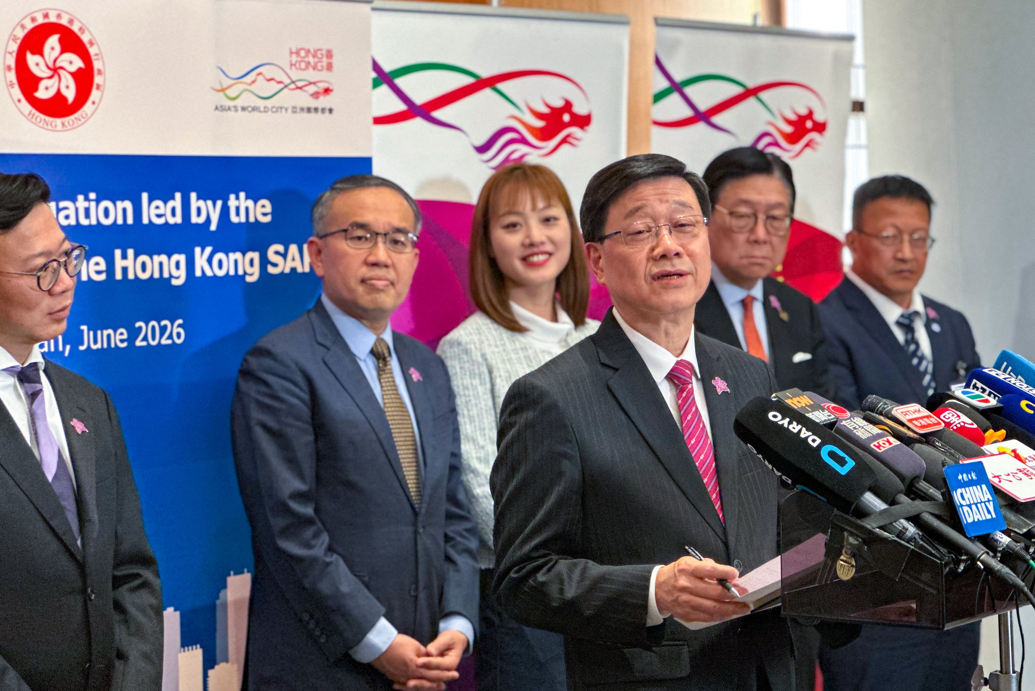 Hong Kong Chief Executive John Lee speaks to the media in Tashkent, Uzbekistan, on Thursday. Photo: Jeffie Lam