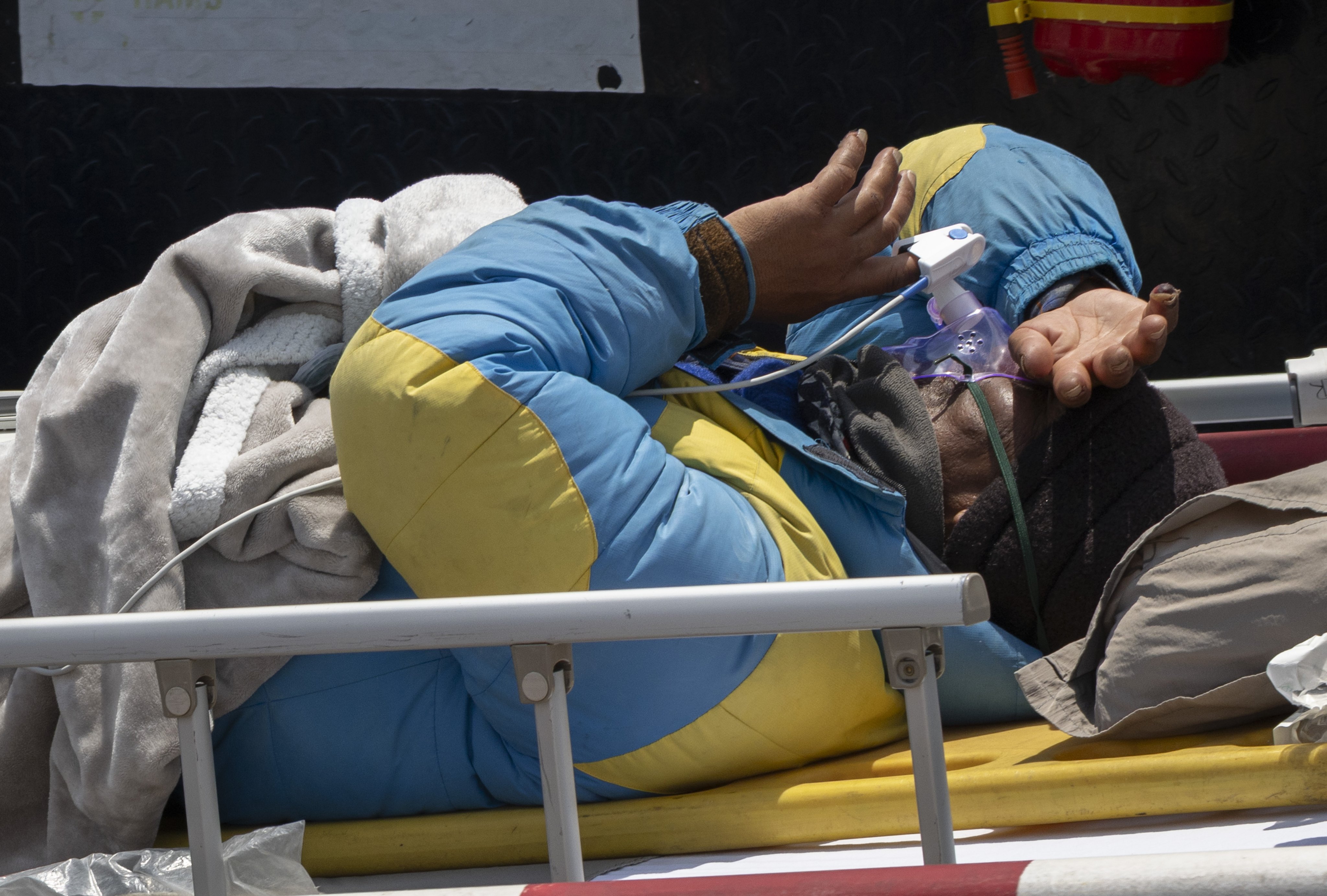 Mount Everest guide Dawa Sherpa is airlifted to a hospital in Kathmandu, Nepal, on Thursday. Photo: EPA