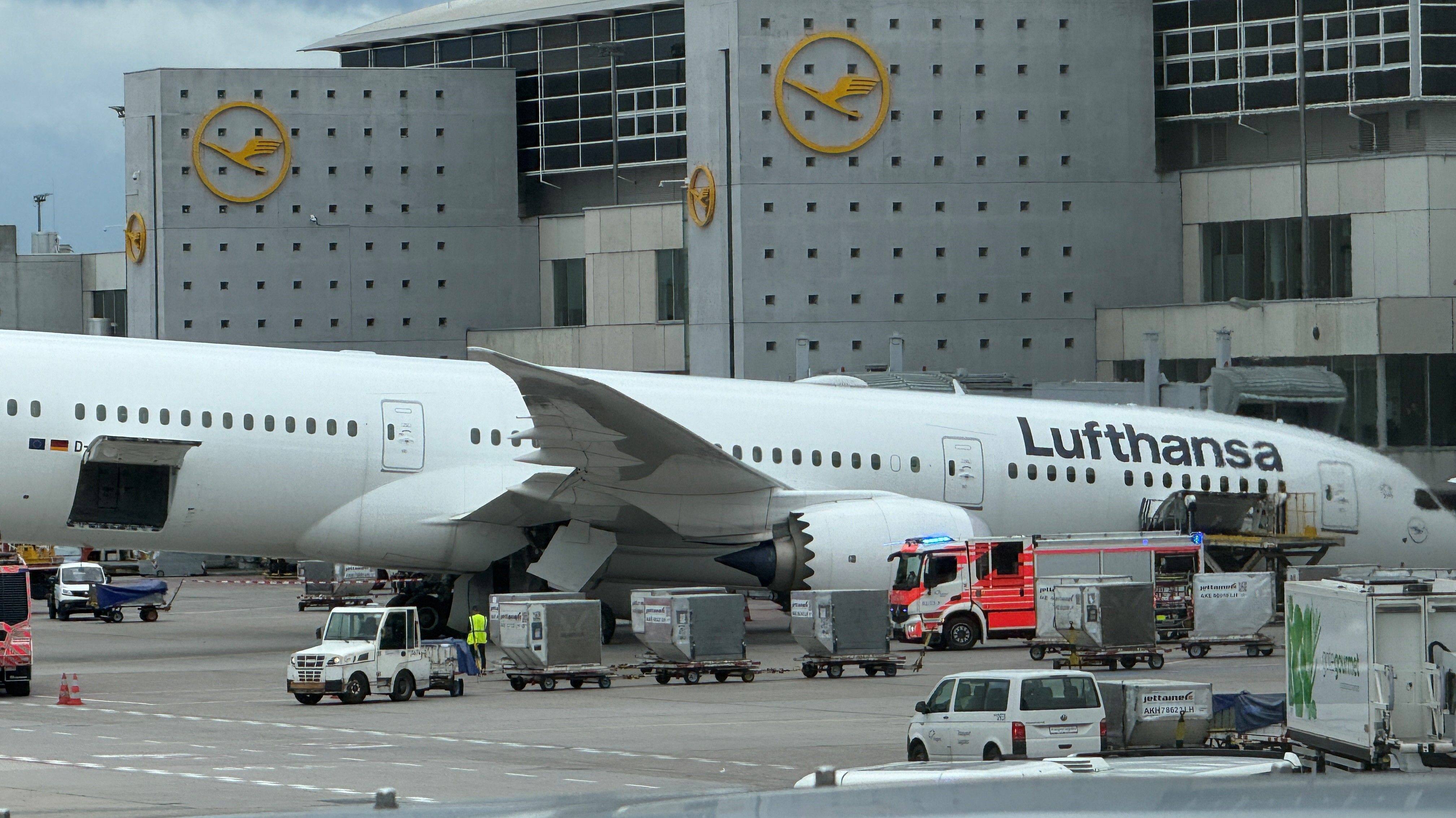 The Lufthansa Dreamliner resting on its nose at a Frankfurt airport gate. Photo: dpa