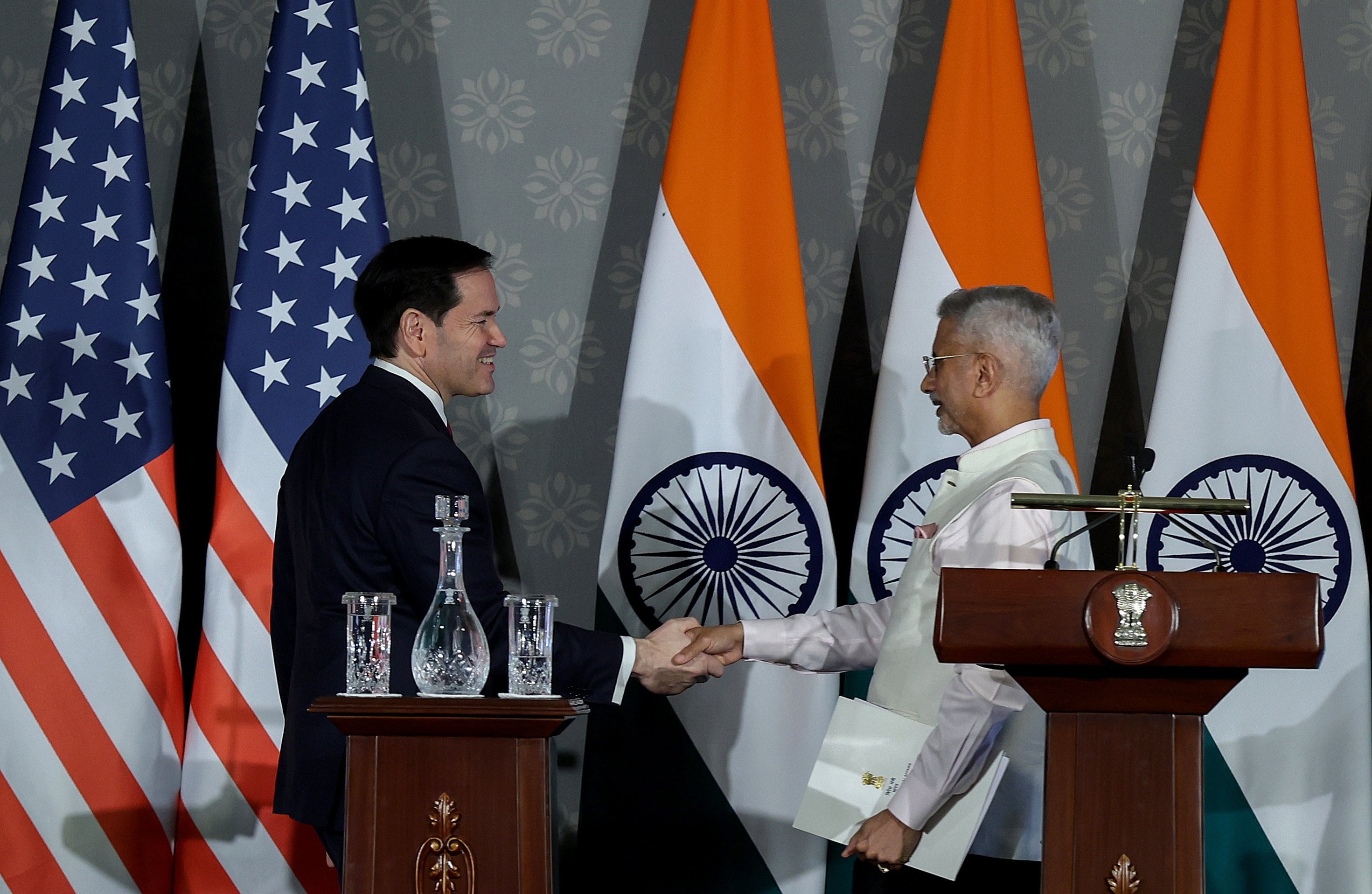 US Secretary of State Marco Rubio (left) and Indian External Affairs Minister Subrahmanyam Jaishankar shake hands after a press conference at Hyderabad House in New Delhi last month. Photo: EPA