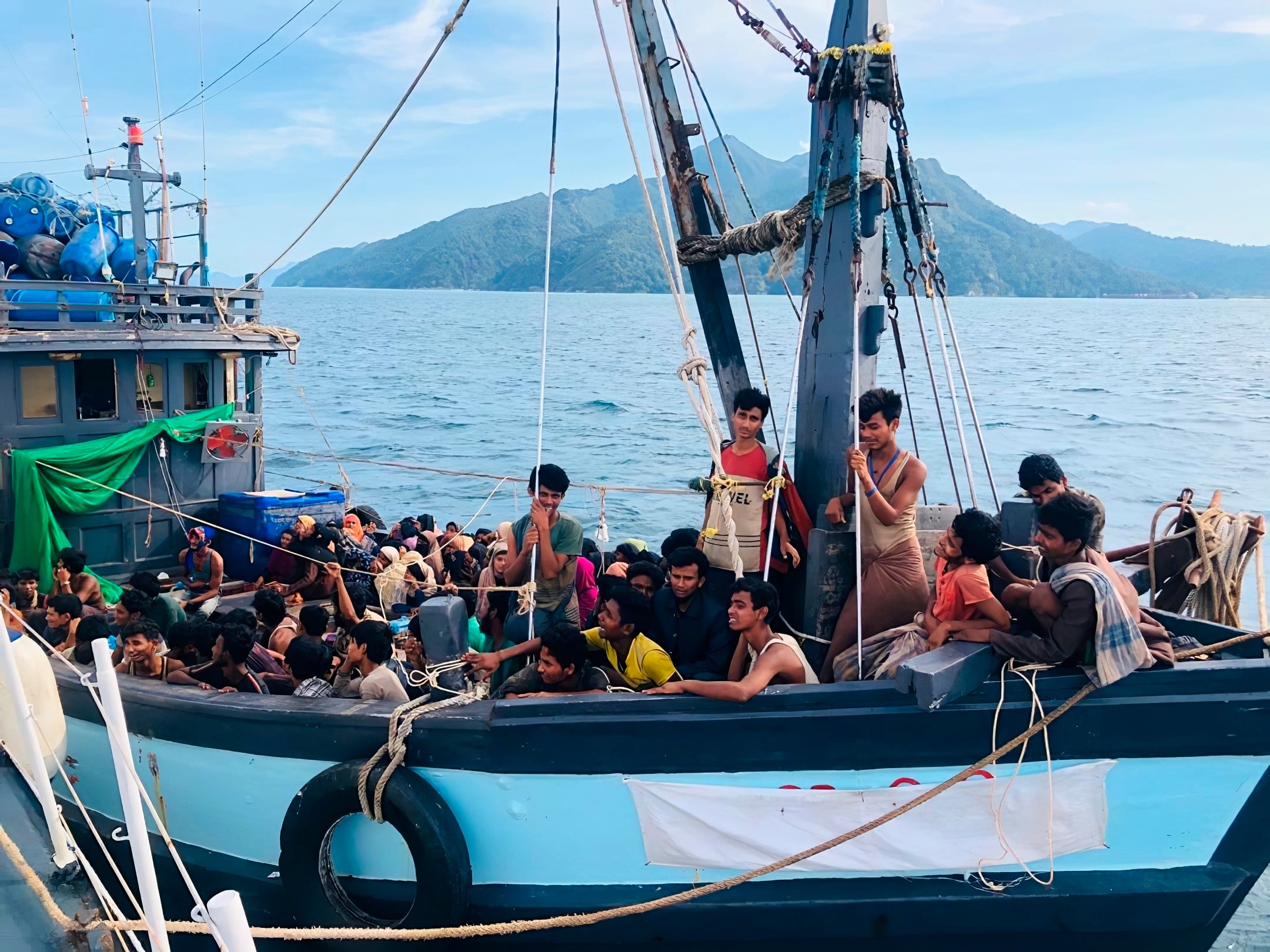 A wooden boat carrying Rohingya migrants is detained in Malaysian territorial waters off the island of Langkawi, in 2020. Photo: Malaysian Maritime Enforcement Agency/AP