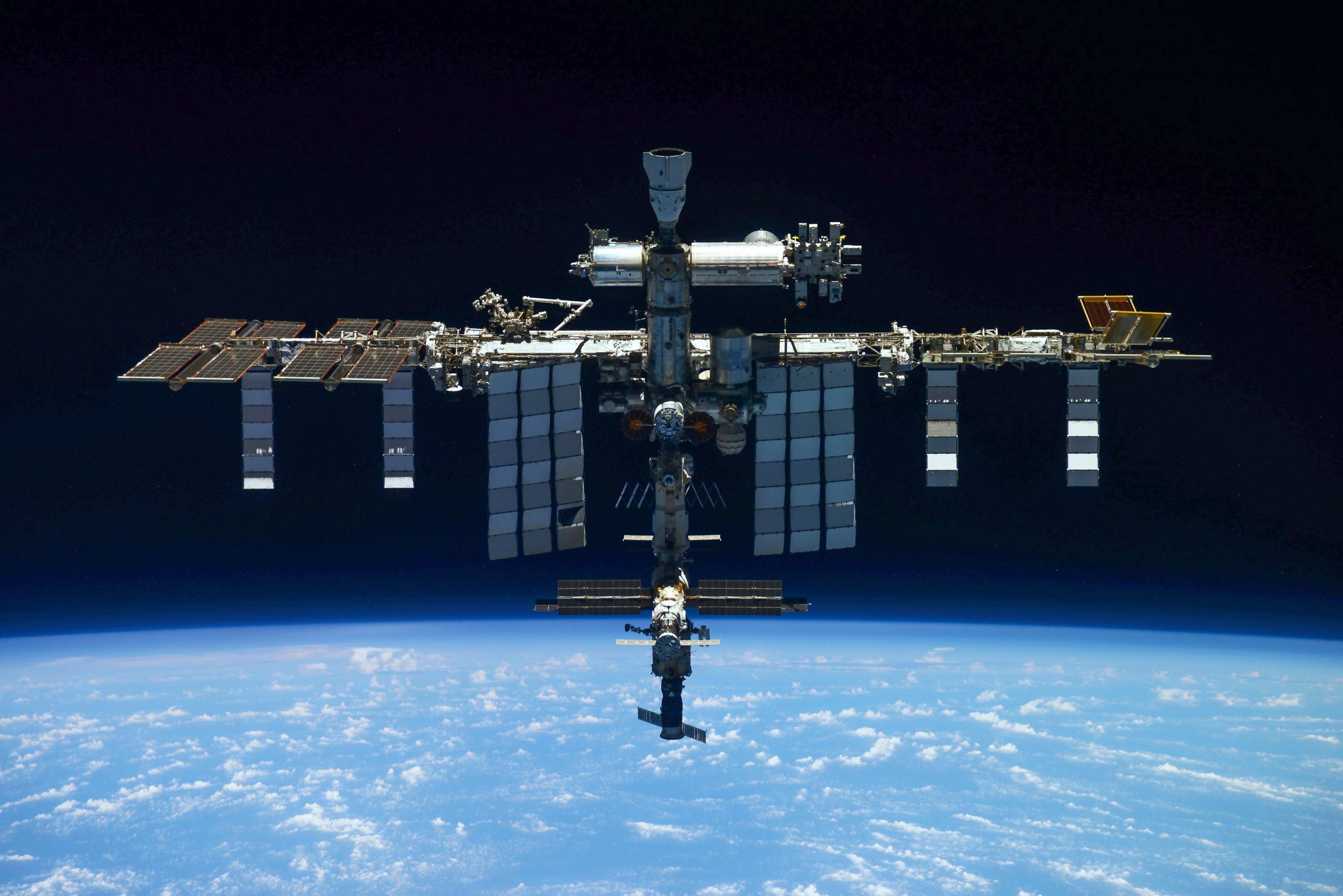 The International Space Station is seen from the Russian Soyuz MS-19 spaceship in March 2022. Photo: Roscosmos via AP