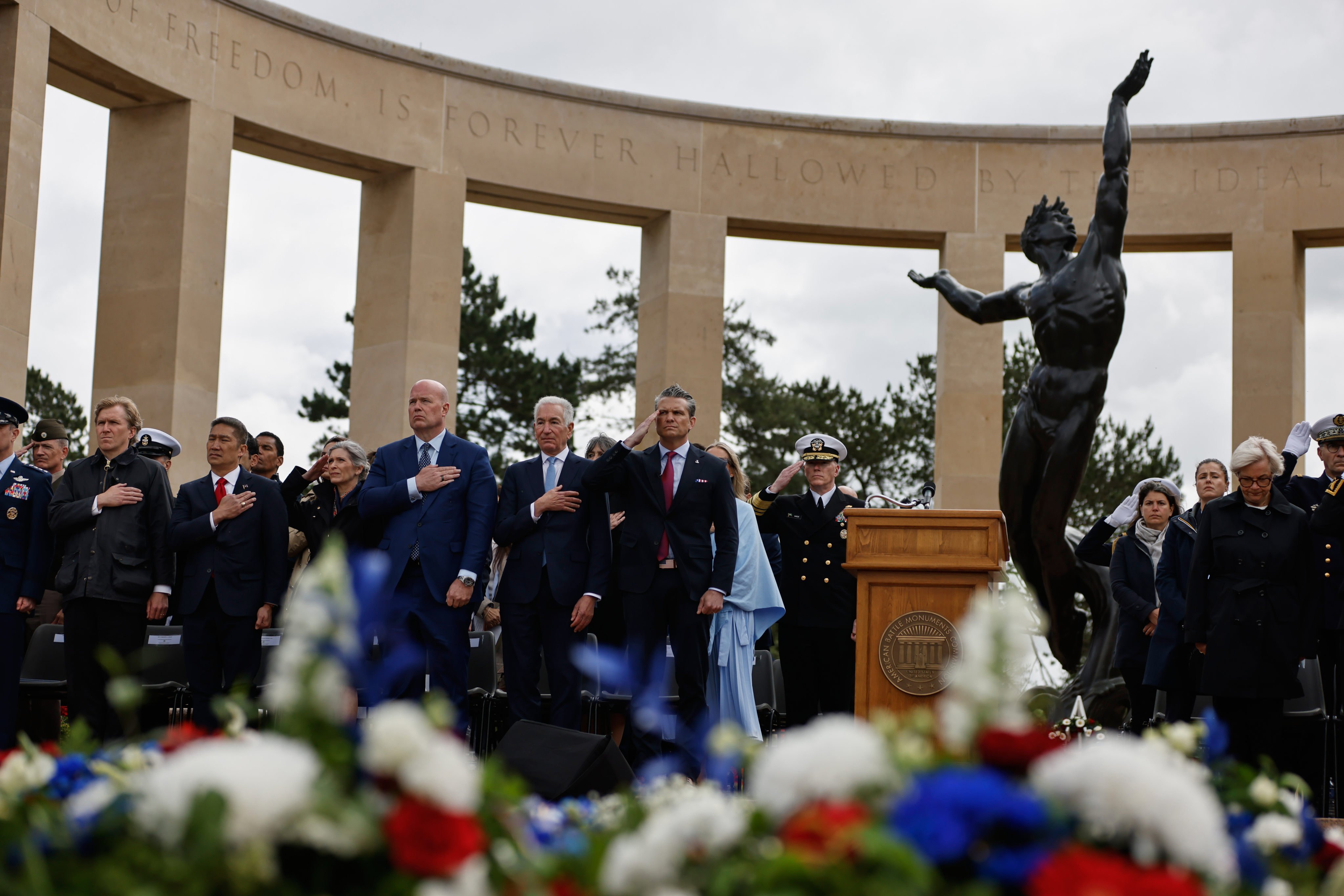 US Defence Secretary Pete Hegseth (centre) attends a ceremony to commemorate the 82nd anniversary of the D-Day landings, in Colleville-sur-Mer, Normandy, France, on Saturday. Photo: AP
