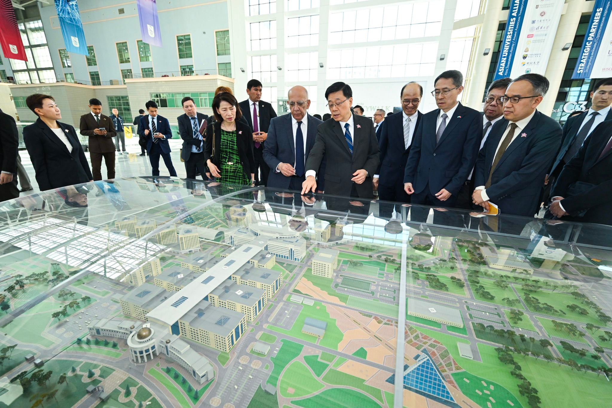 Chief Executive John Lee (pointing) tours Nazarbayev University in Astana, Kazakhstan. Photo: Handout
