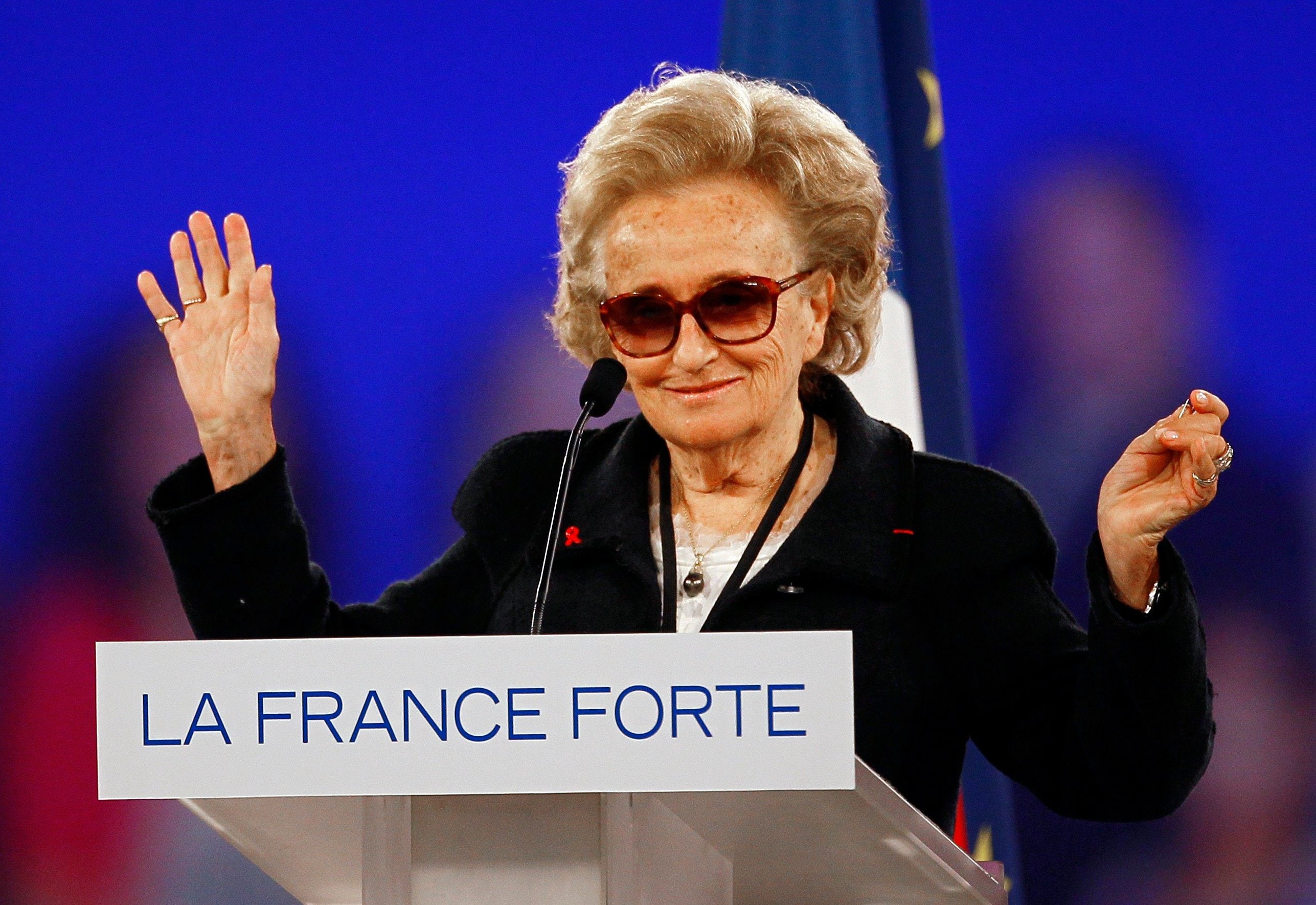 France’s former first lady Bernadette Chirac waves during a  campaign event in Villepinte, north of Paris, in March 2012. Photo: AP