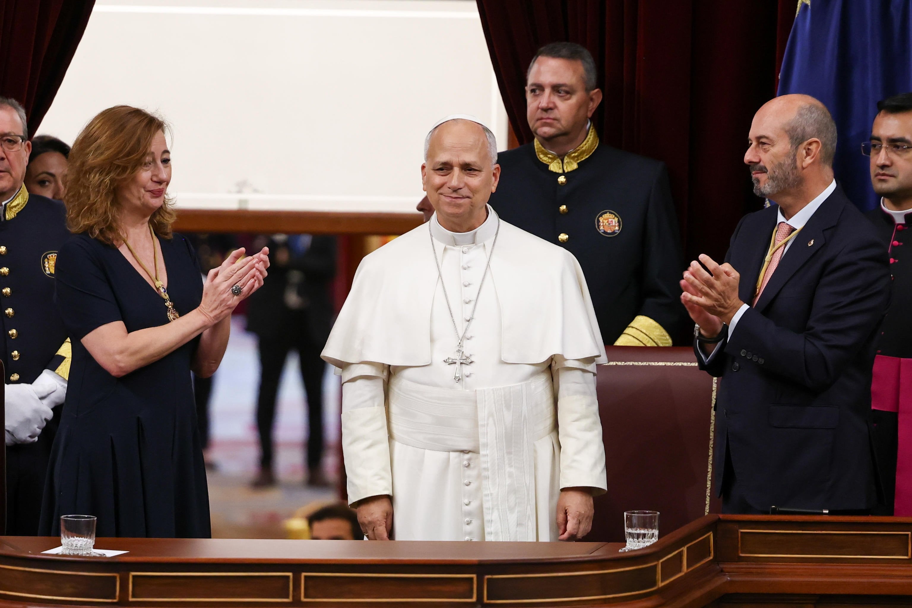 Pope Leo reacts at the end of his speech in Spain’s parliament on Monday, applauded by politicians. Photo: EPA