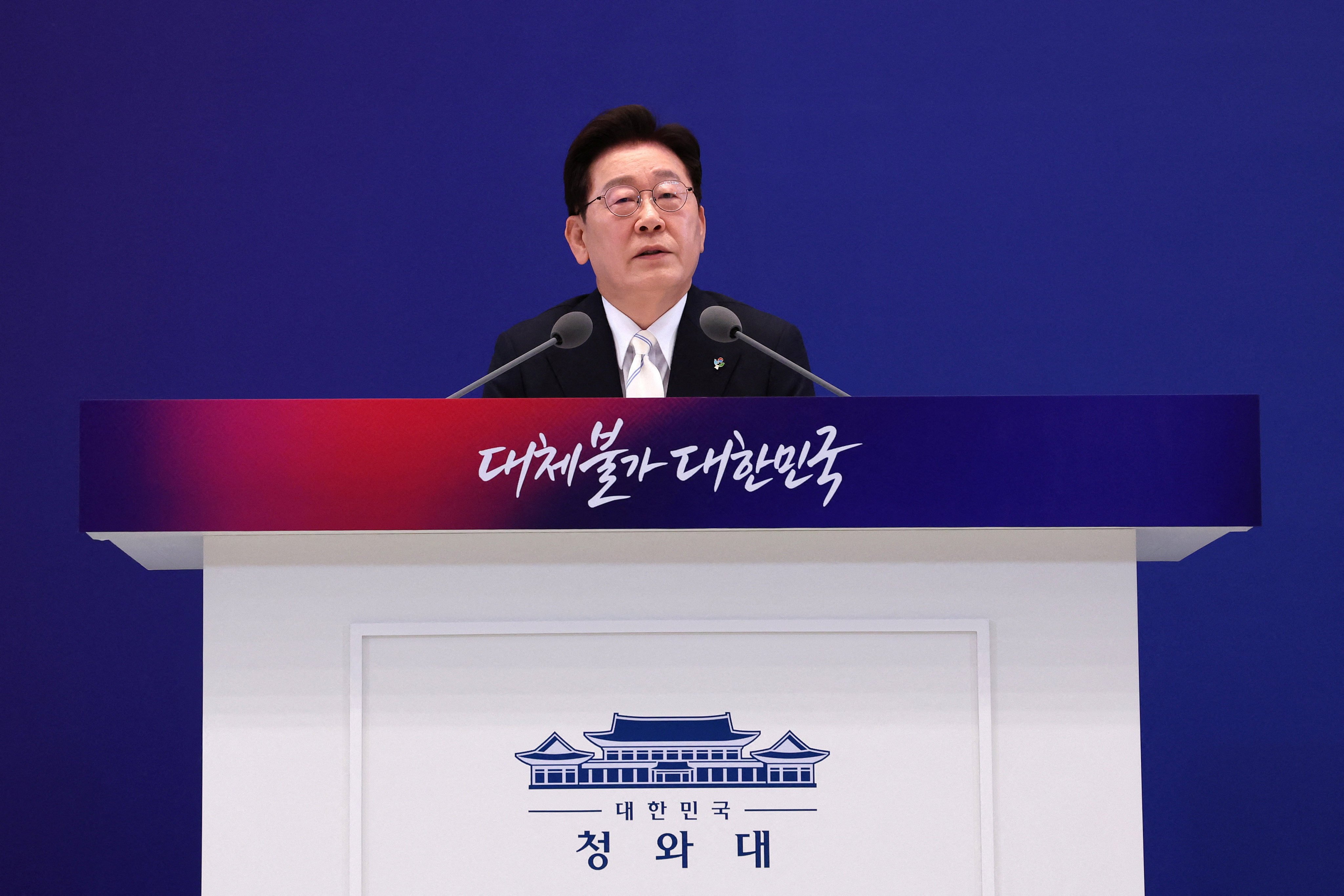 SEOUL, SOUTH KOREA - JUNE 08: South Korean President Lee Jae Myung speaks during a press conference to mark the first anniversary of his inauguration at Yeongbingwan of Blue House on June 08, 2026 in Seoul, South Korea. Chung Sung-Jun/Pool via REUTERS