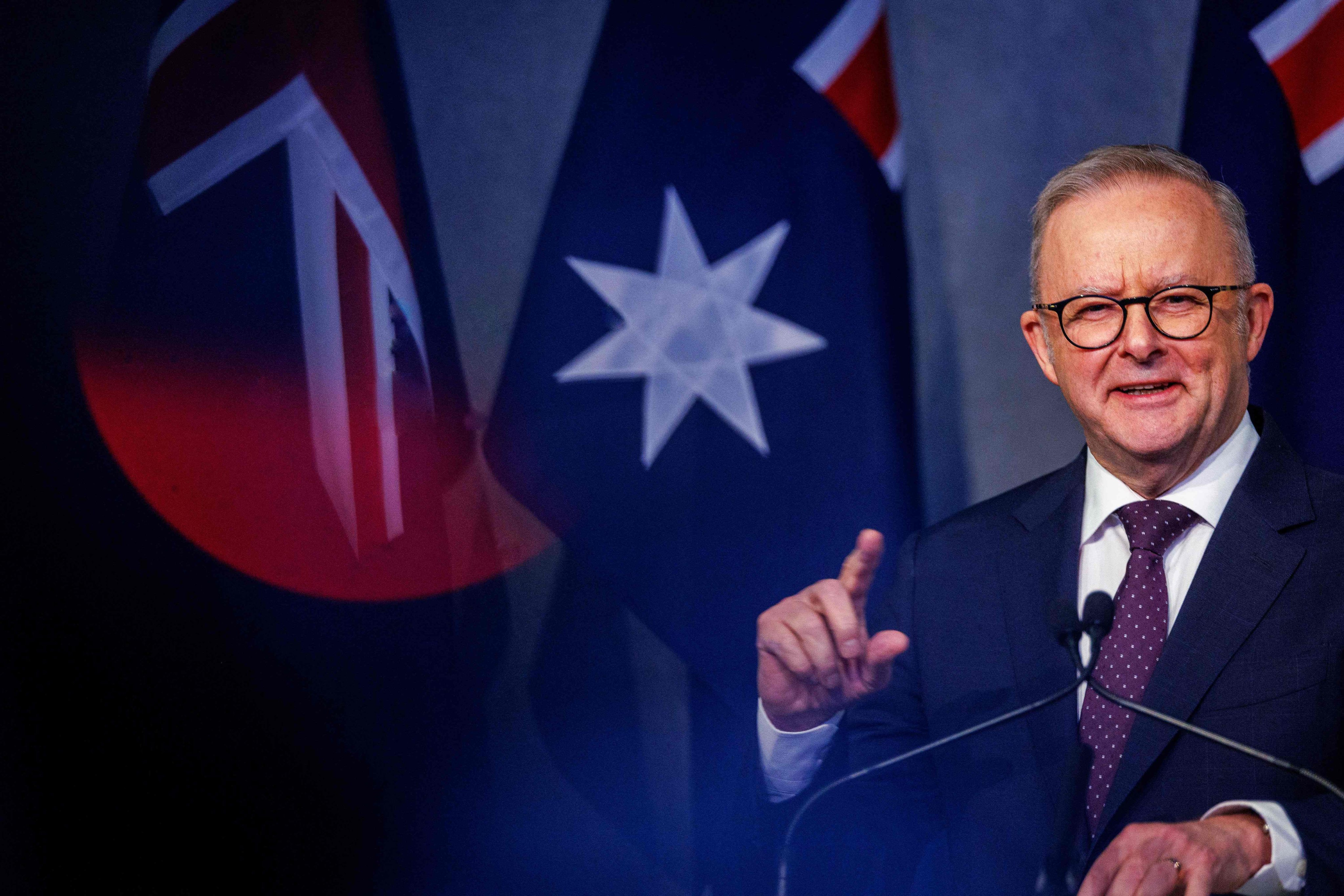 Australia’s Prime Minister Anthony Albanese holds a press conference on Saturday. Photo: AFP