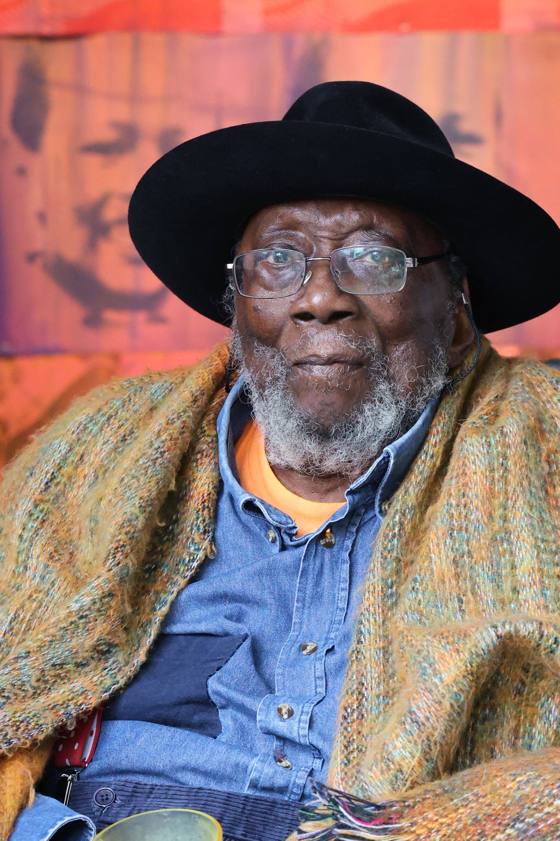 British artist Frank Bowling at his studio in Peacock Yard, London, in 2025. Photo: Frederik Bowling, courtesy of the Frank Bowling Archive
