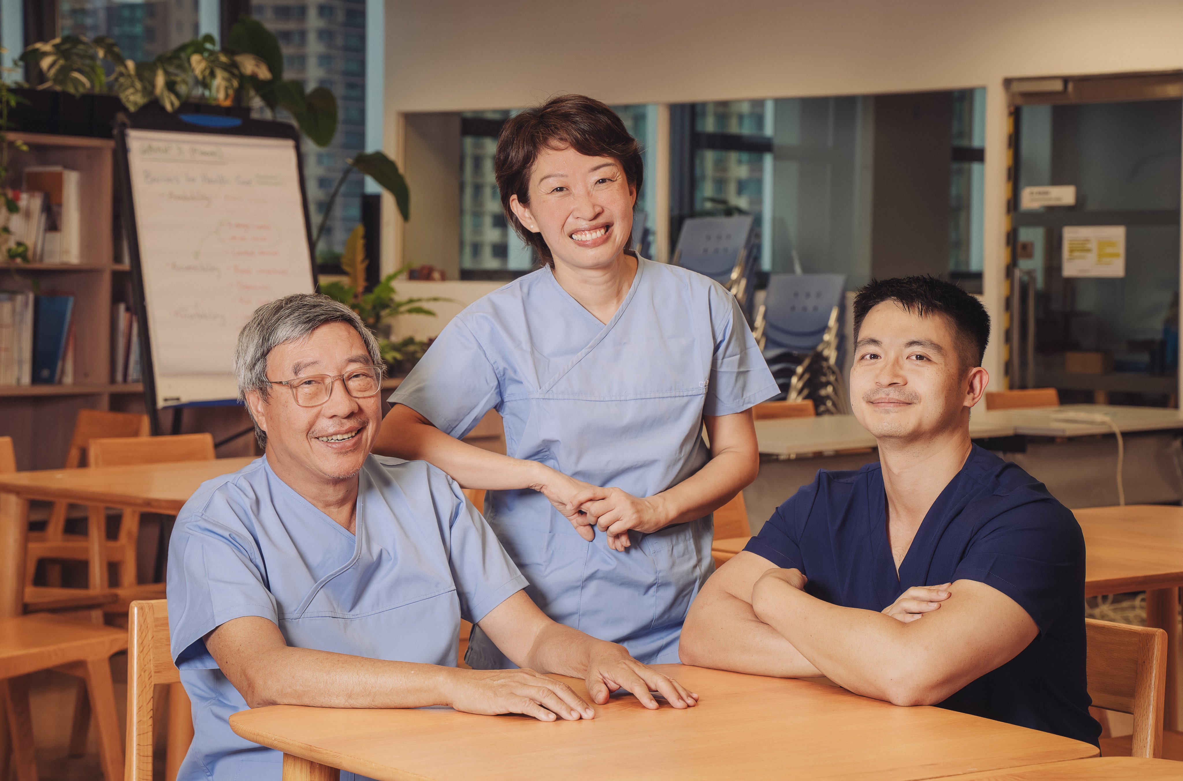 From left: retired family doctor Luke Tsang, operating-theatre nurse Carol Tse and emergency-room doctor Marcus Lo at the Red Cross Headquarters. Photo: Alexander Mak