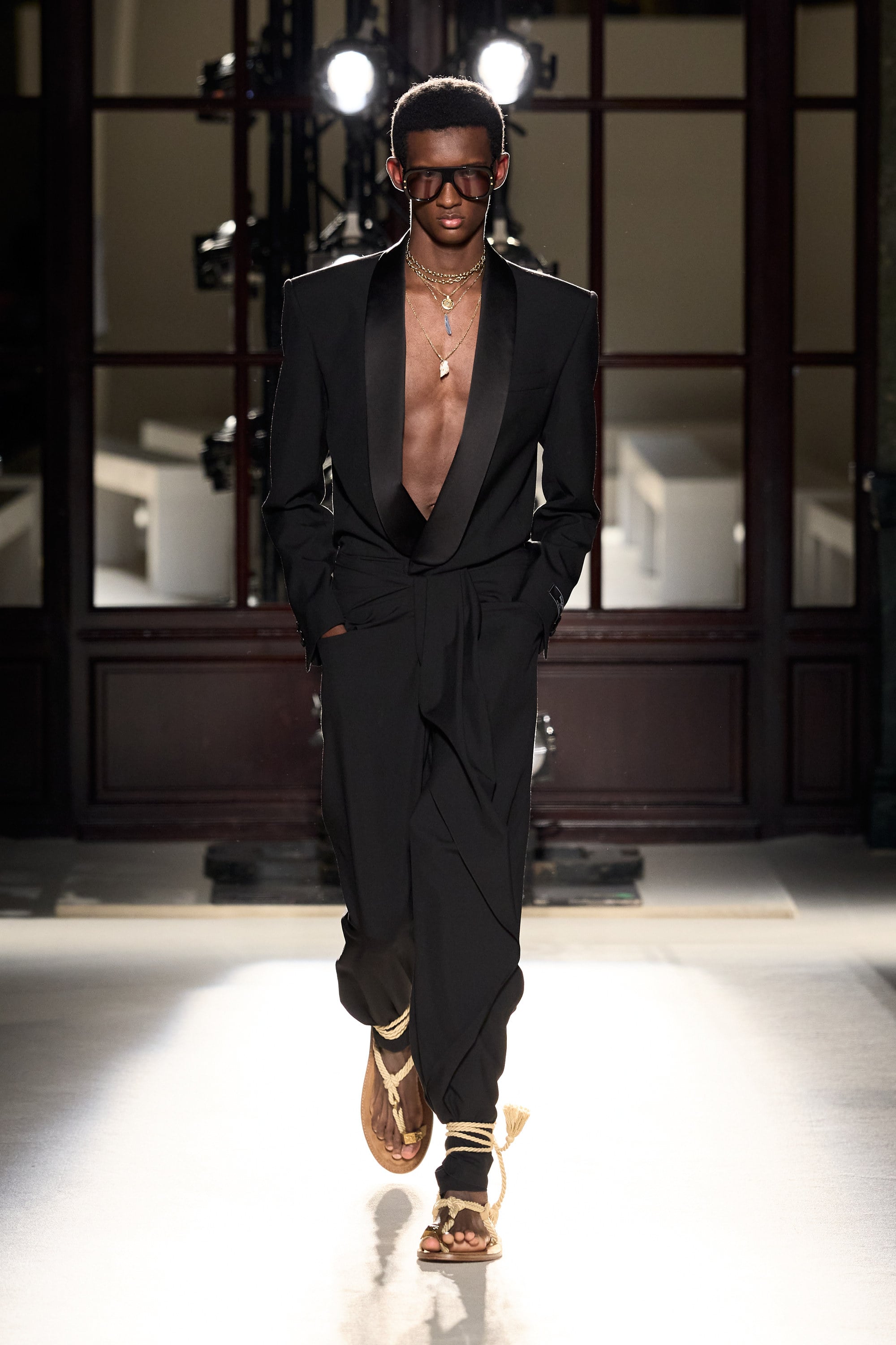 Shirtless suiting is in, and Balmain’s spring/summer 2026 collection shows the look at its best, with tailored jackets cut low at the chest. Photo: Handout
