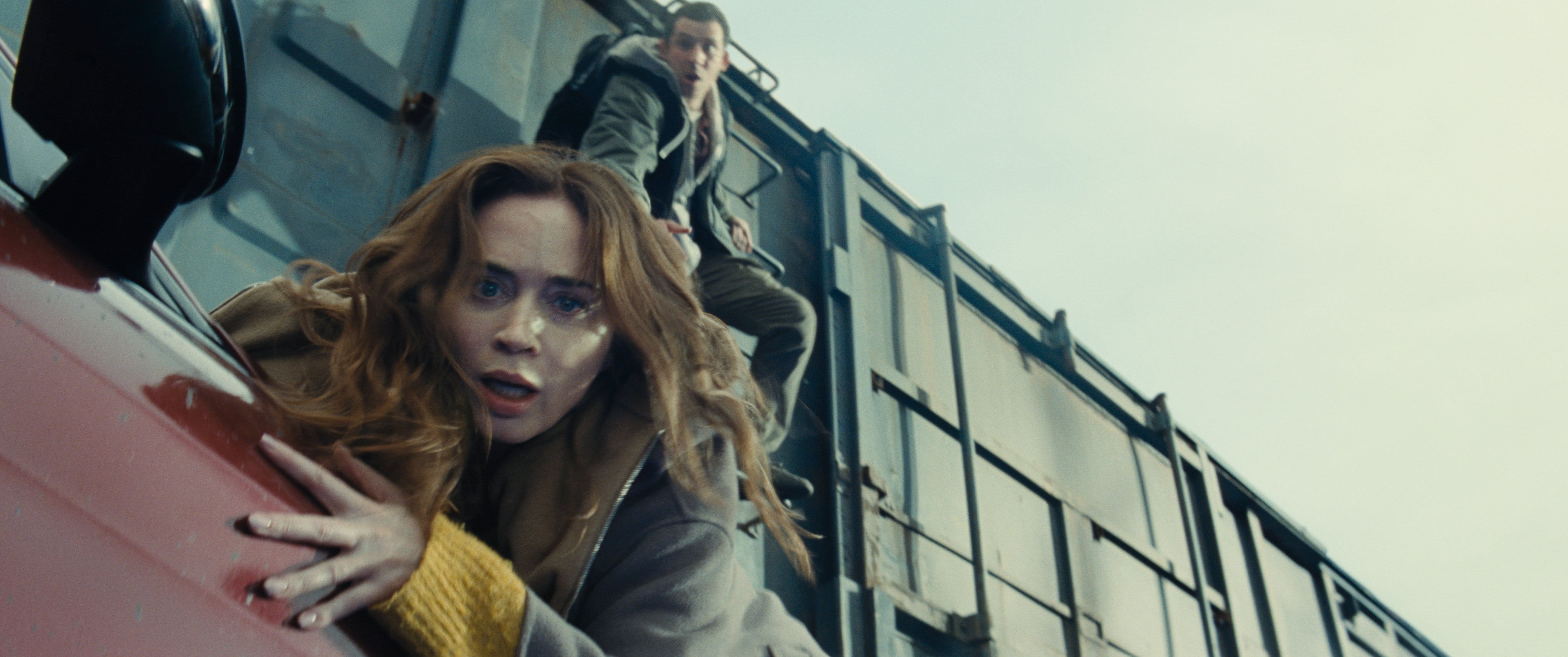 Emily Blunt as meteorologist Margaret Fairchild (left) and Josh O’Connor as cybersecurity expert Dr Daniel Kellner in a still from Disclosure Day (category IIA), directed by Steven Spielberg. Colin Firth co-stars.