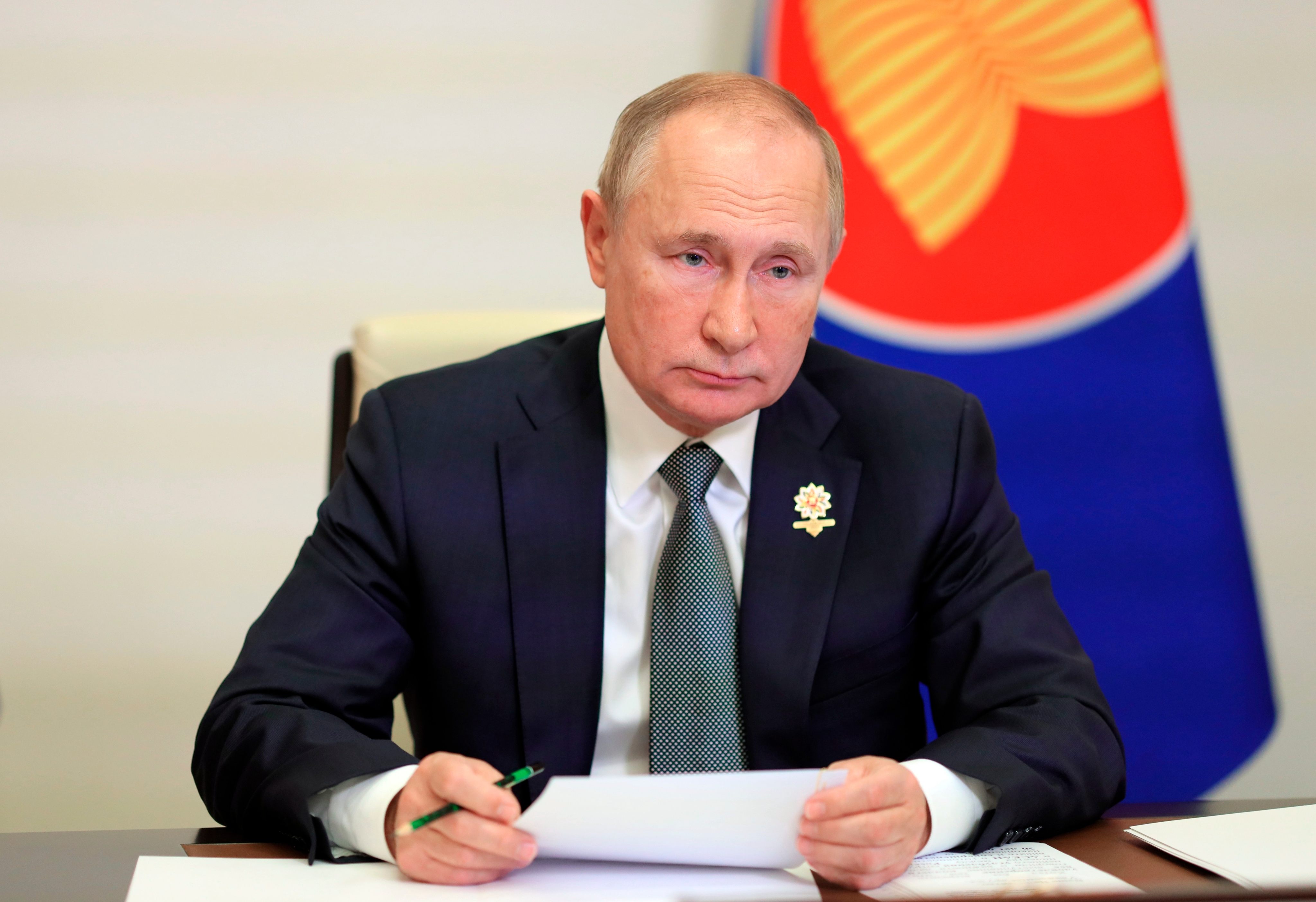 Russian President Vladimir Putin takes part in a virtual Asean meeting via videoconference in 2021. Photo: Sputnik/ Kremlin/AP