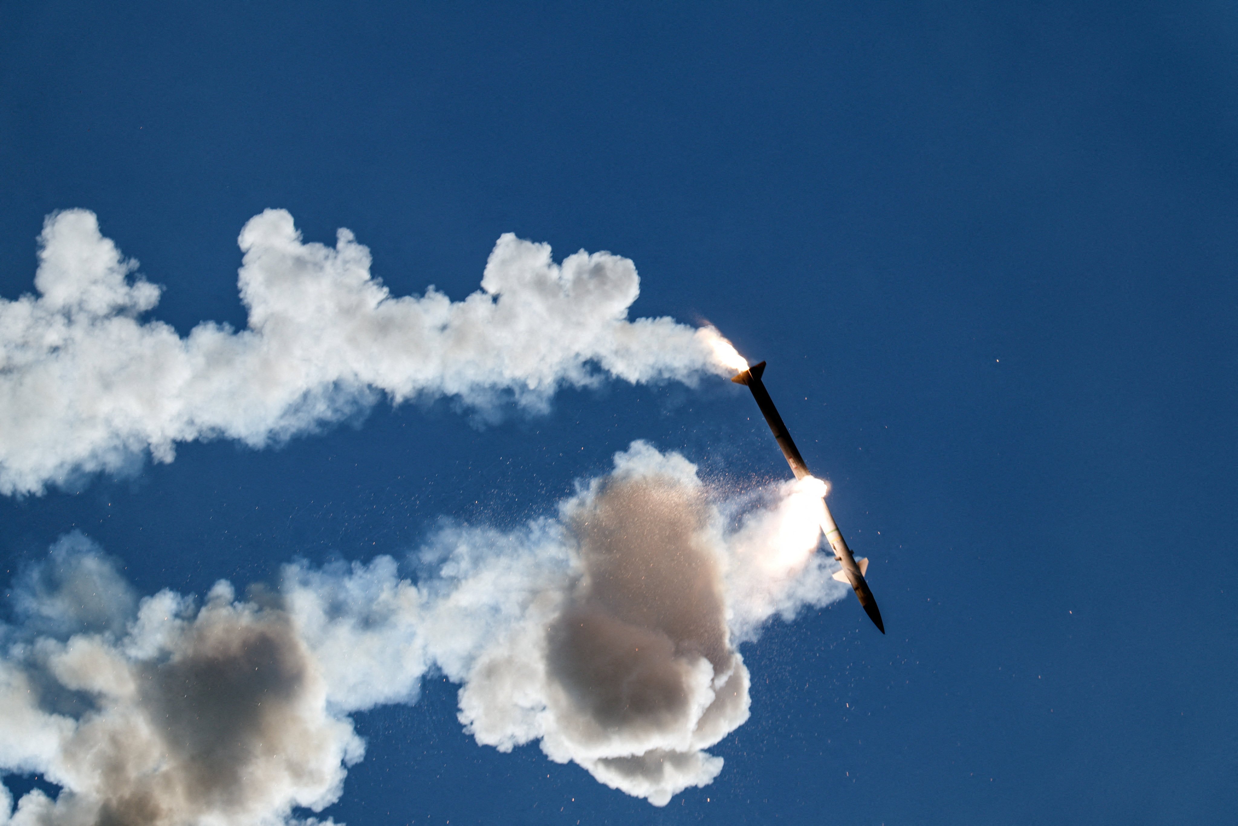 A faulty interceptor missile launched by Israel’s Iron Dome anti-missile system disintegrates above southern Lebanon. Photo: Reuters