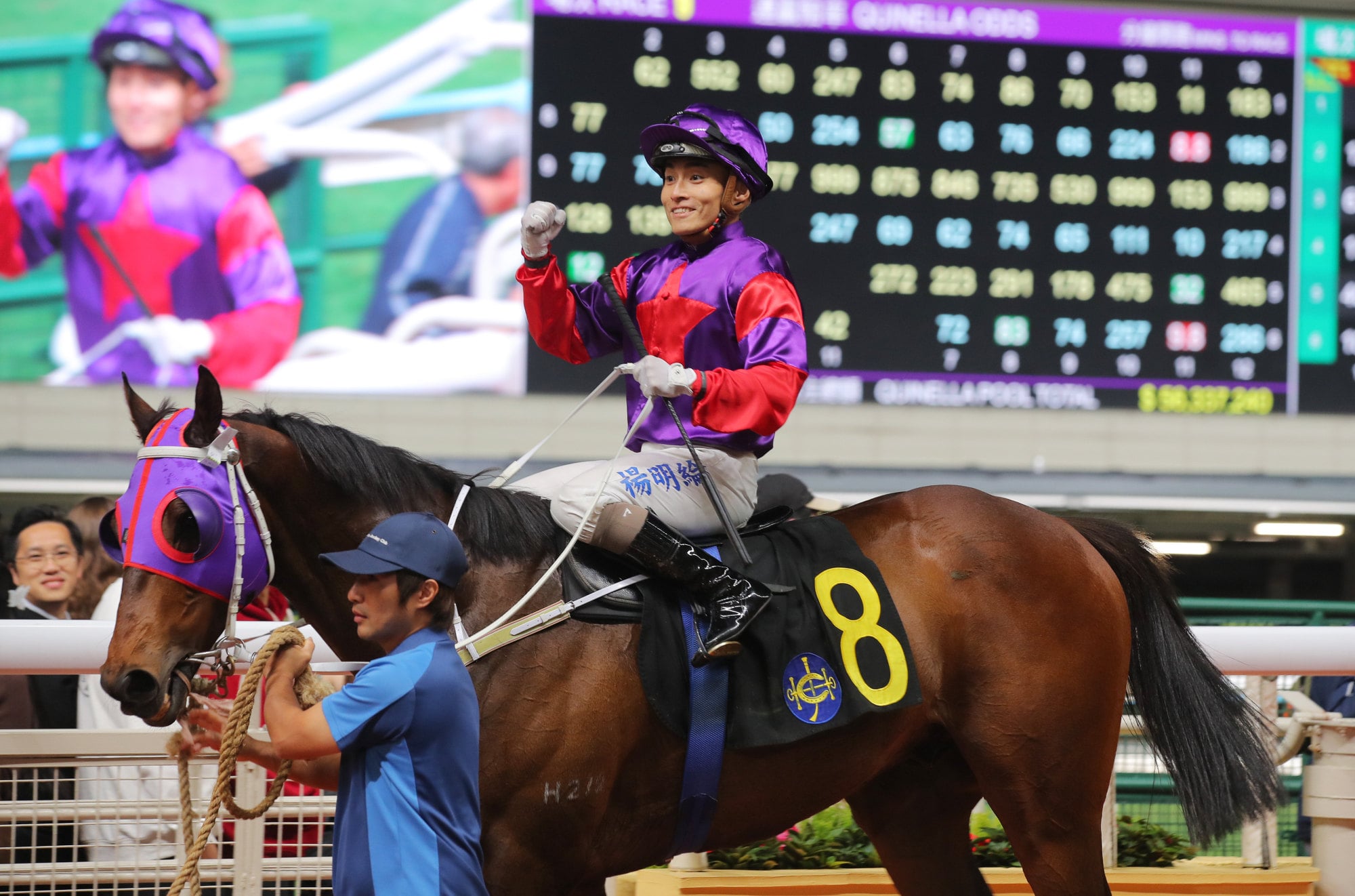 Keith Yeung returns after winning aboard Fallon at Happy Valley. Keith Yeung returns after winning aboard Fallon at Happy Valley.