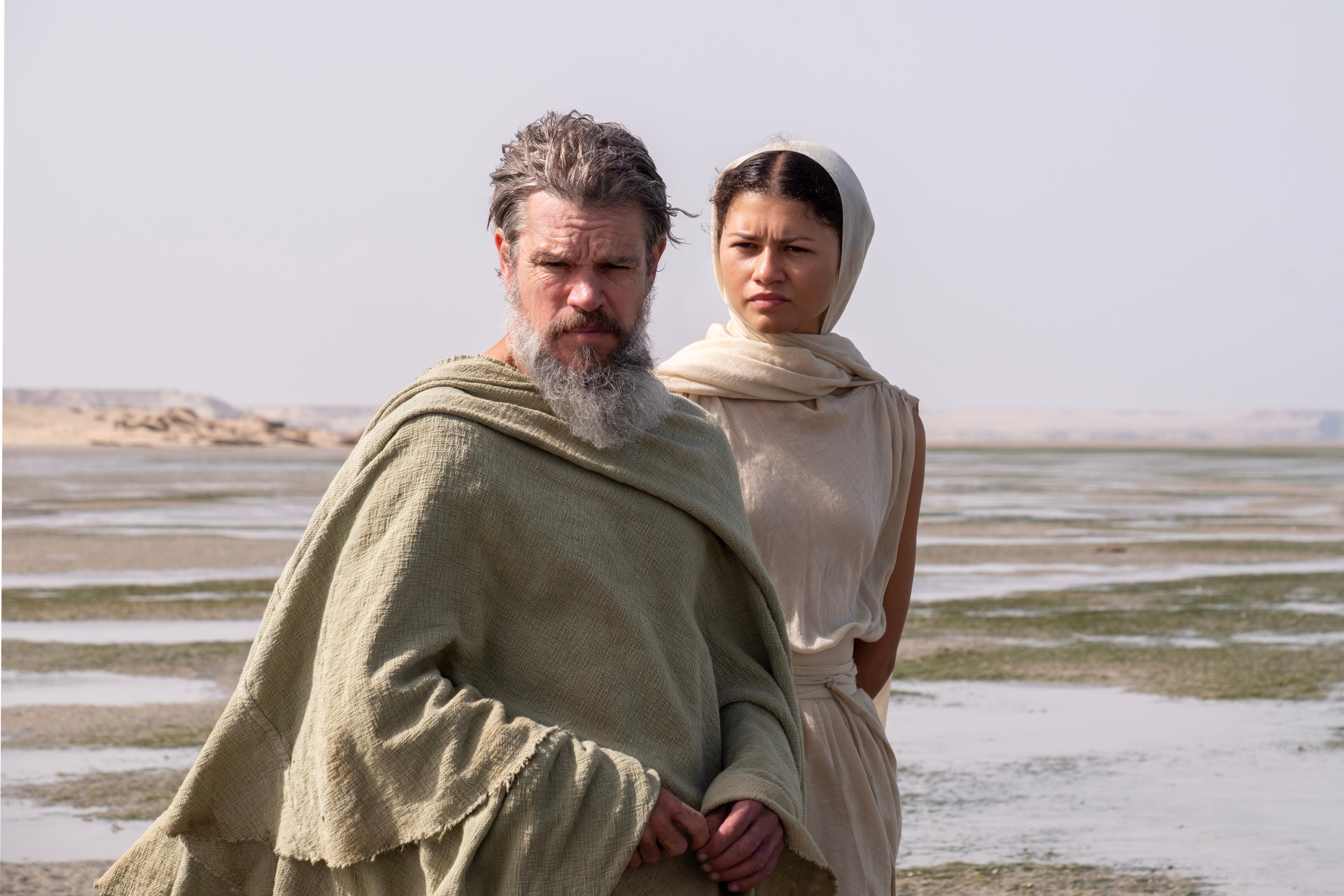 Matt Damon as Odysseus and Zendaya as Athena in a still from The Odyssey, written, produced and directed by Christopher Nolan, which promises to be the summer’s ultimate moviegoing experience. Photo: Melinda Sue Gordon