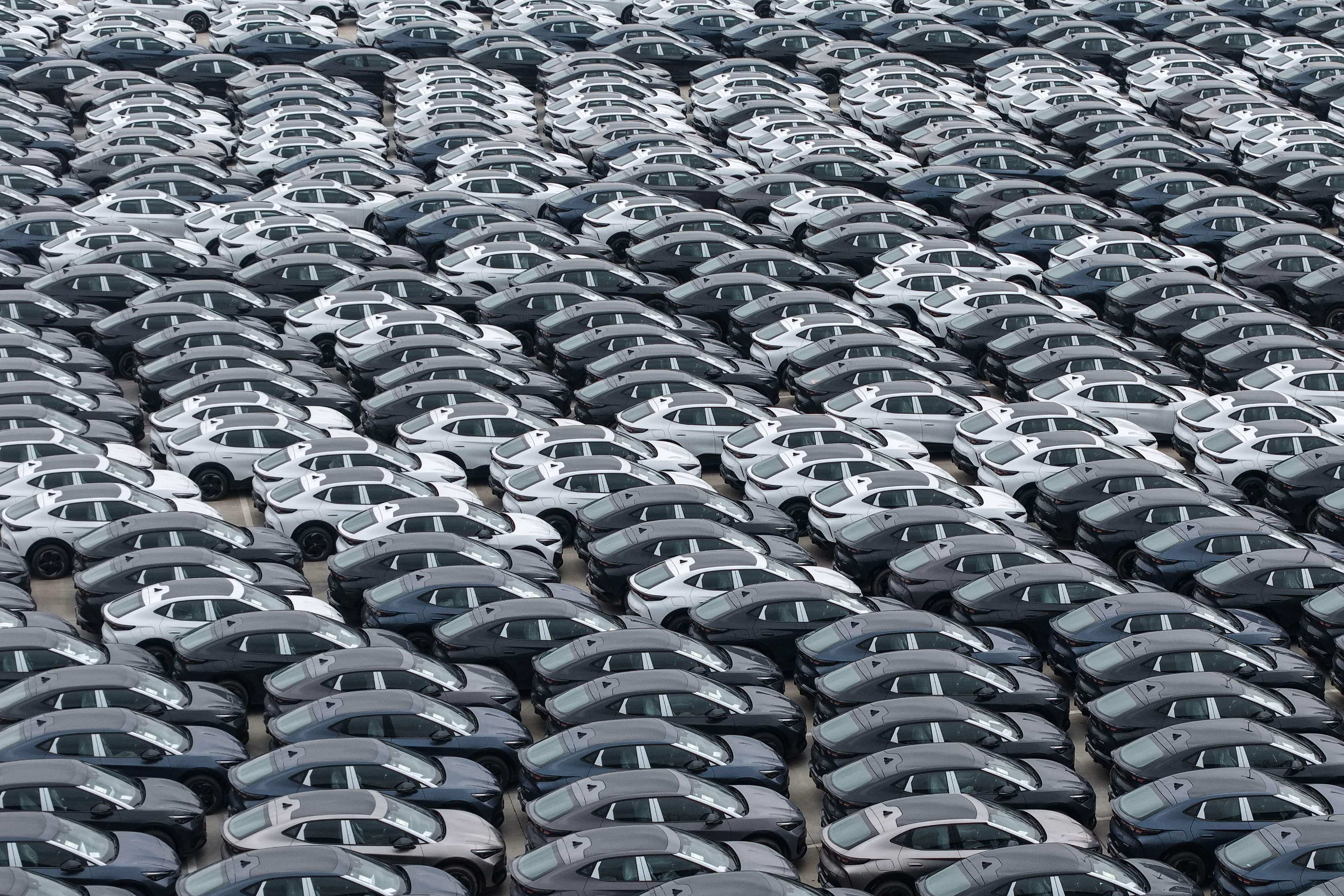 Chinese-made electric cars awaiting export are seen parked at the International Automobile Trade Port in Hangzhou in China’s eastern Zhejiang province. Photo: AFP