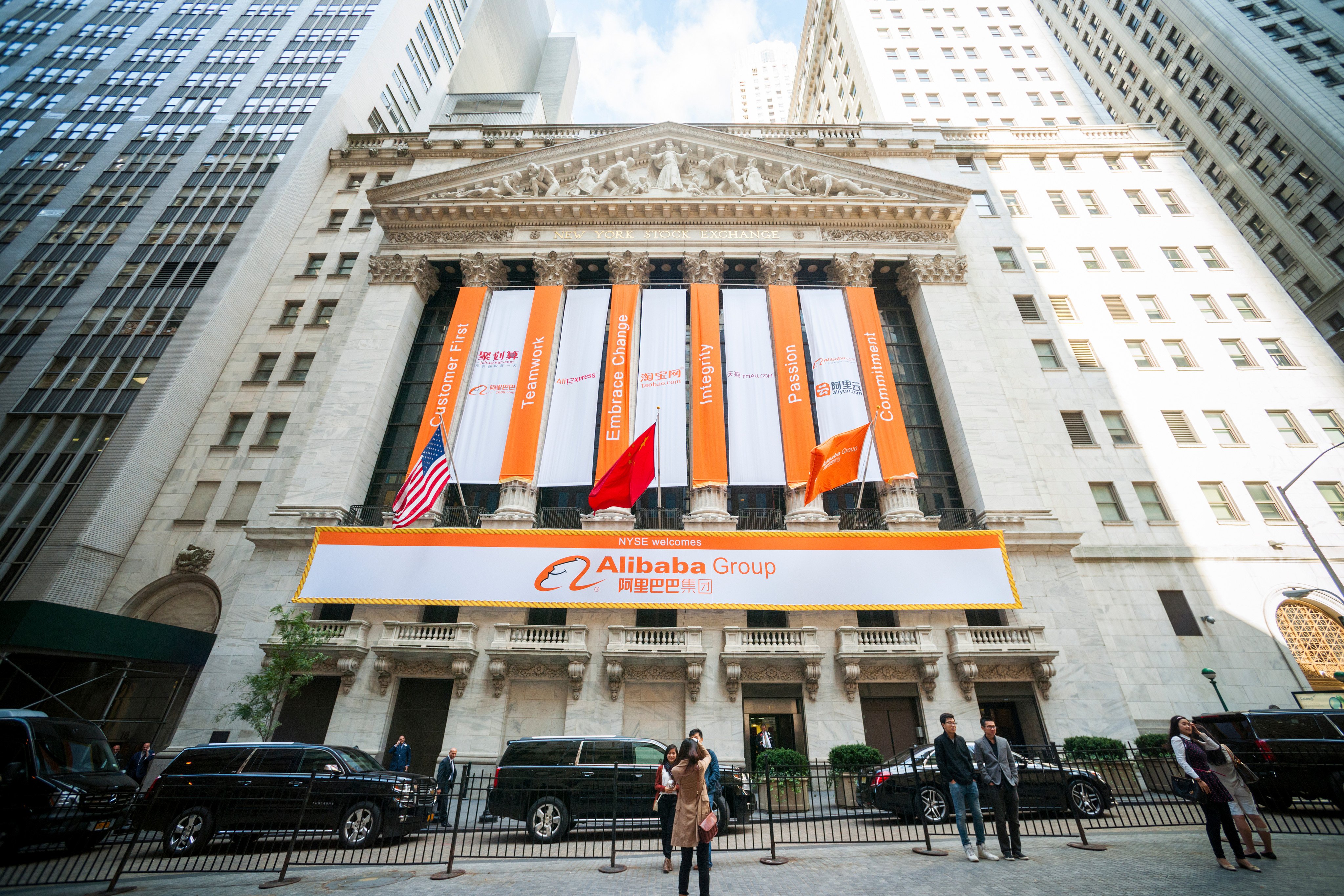 The New York Stock Exchange decorated for the first day of trading for Alibaba on September 19, 2014. Photo: Shutterstock