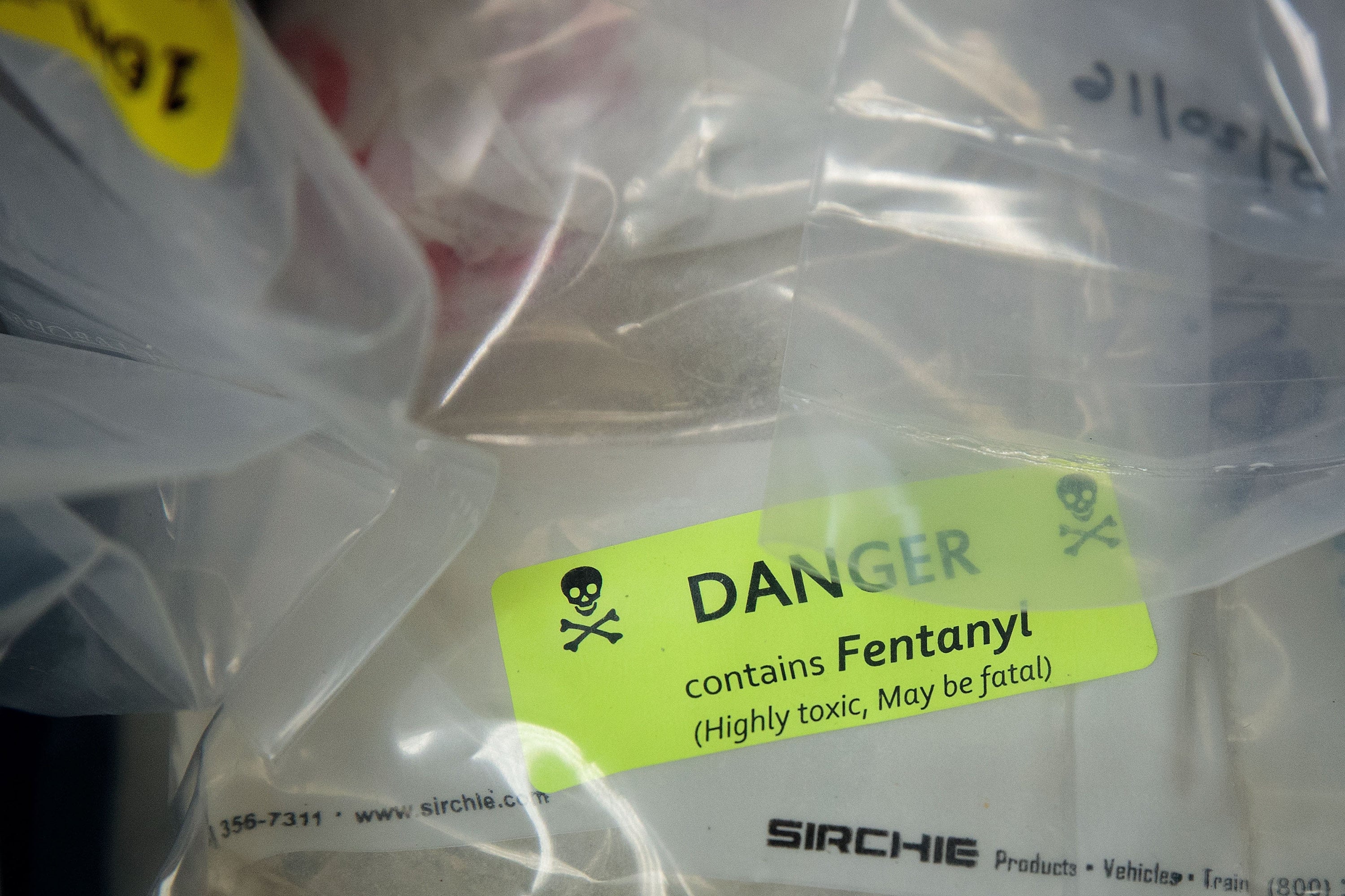 Bags of heroin, laced with fentanyl, on display in New York. The ongoing fentanyl crisis in America has killed thousands. Photo: Getty Images/TNS