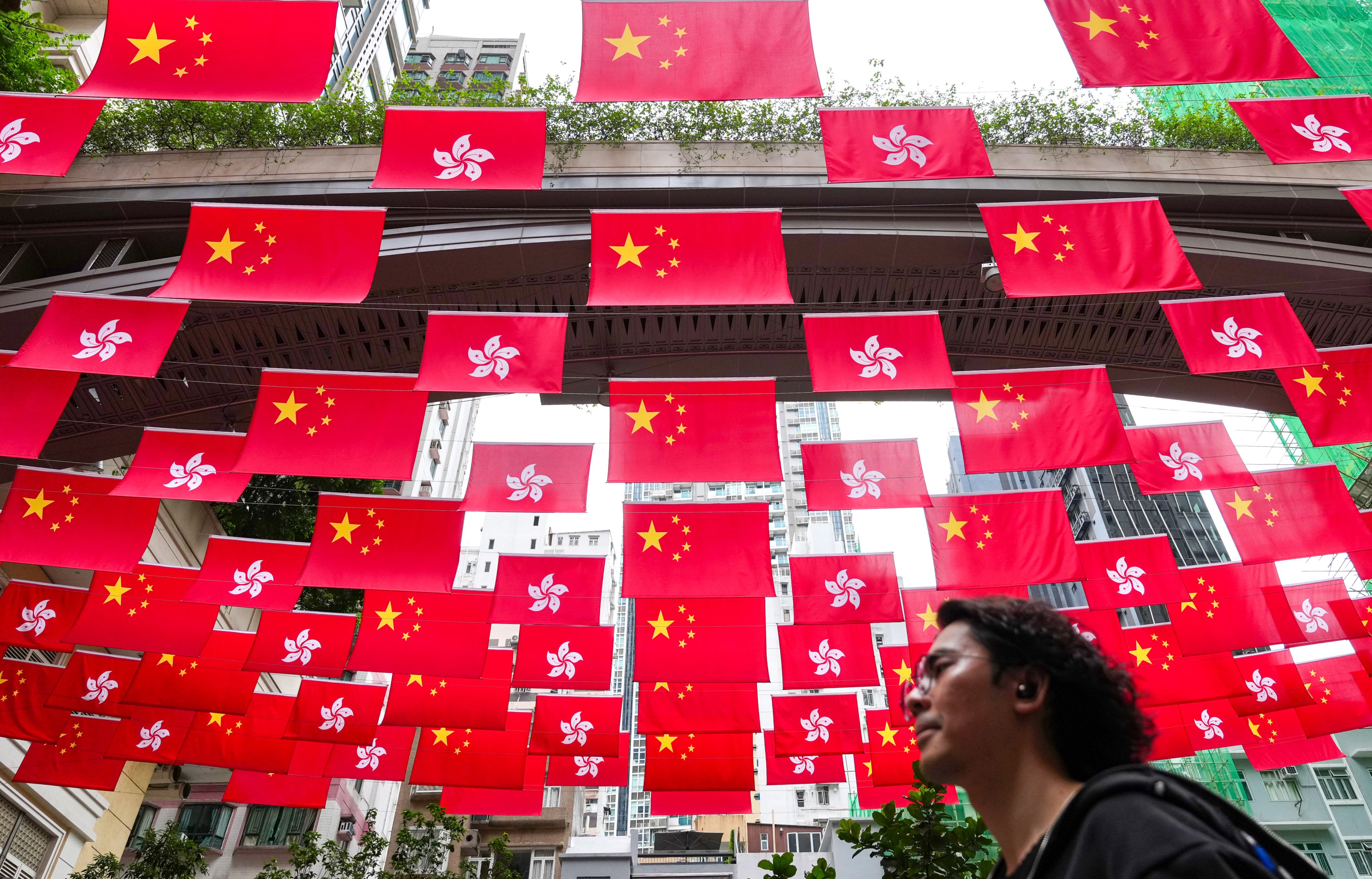 National and Hong Kong flags decorate Lee Tung Avenue in Wan Chai ahead of the 29th anniversary of the city's return to Chinese sovereignty on July 1. Photo: Karma Lo