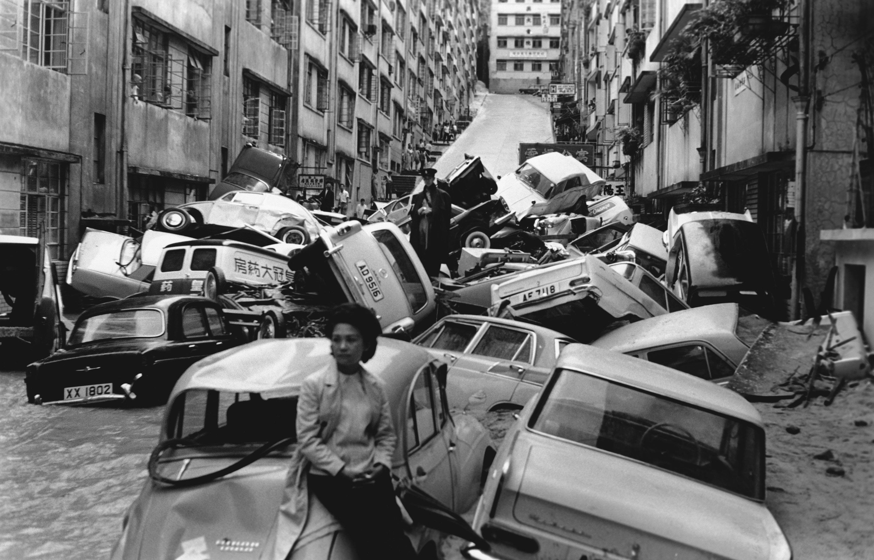 Cars tumbled down steep streets in North Point afterJune 1966’s heavy rainstorms. Photo: SCMP