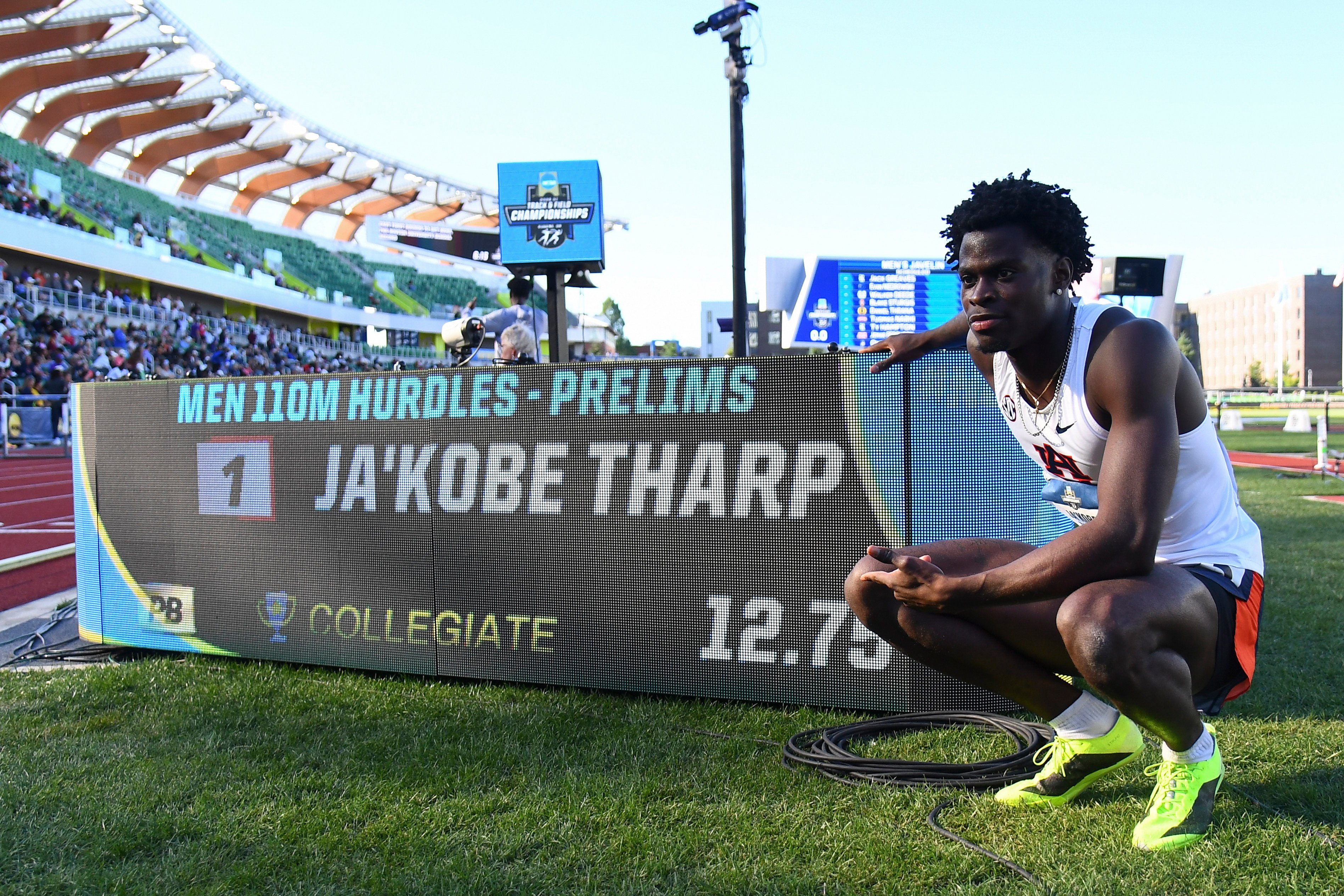 Ja’Kobe Tharp smashed the 110m hurdles world record during heats at the NCAA collegiate athletics championships. Photo: Getty Images