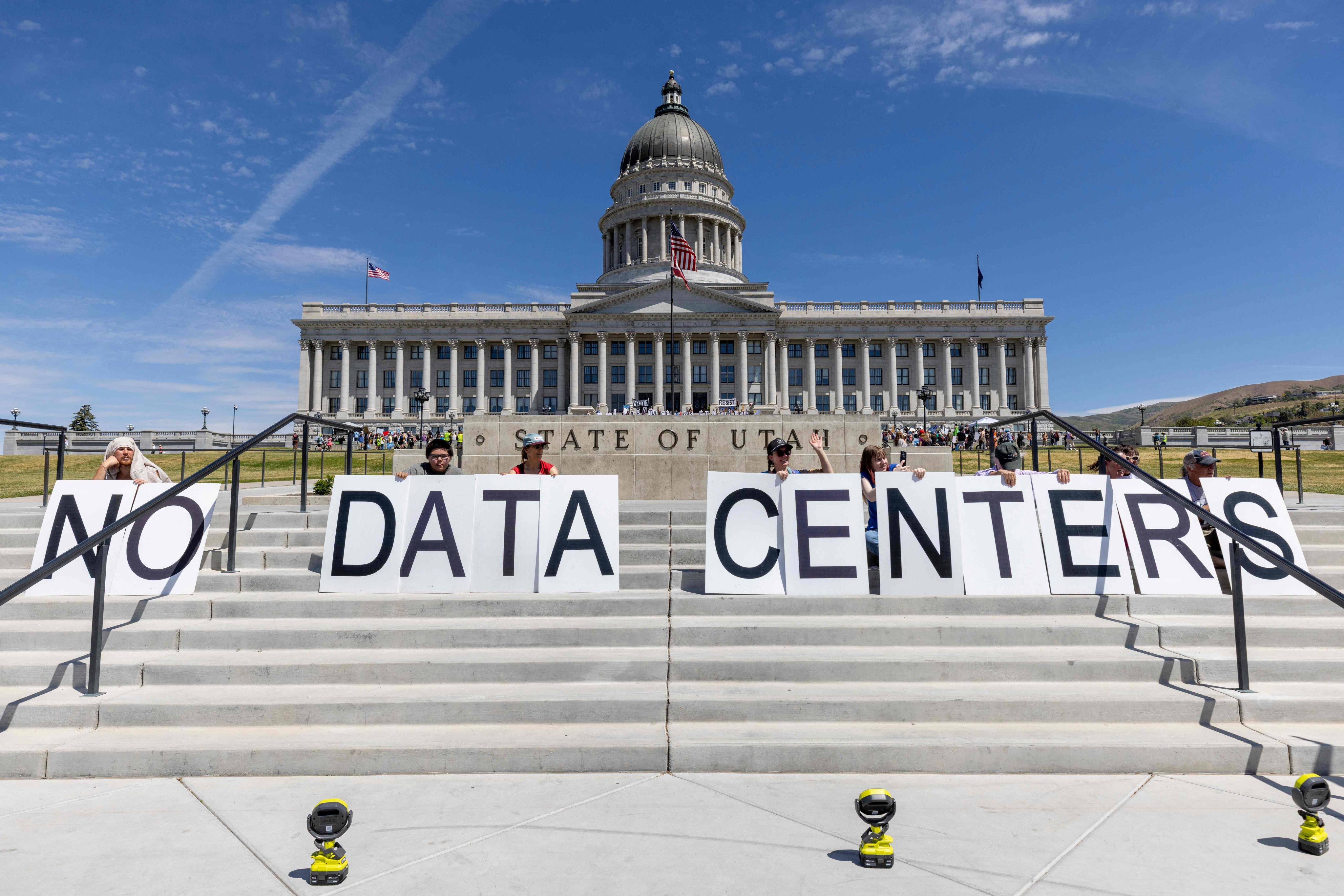 Demonstrators protest against data centres at the Utah State Capitol in Salt Lake City in May. Photo: AFP