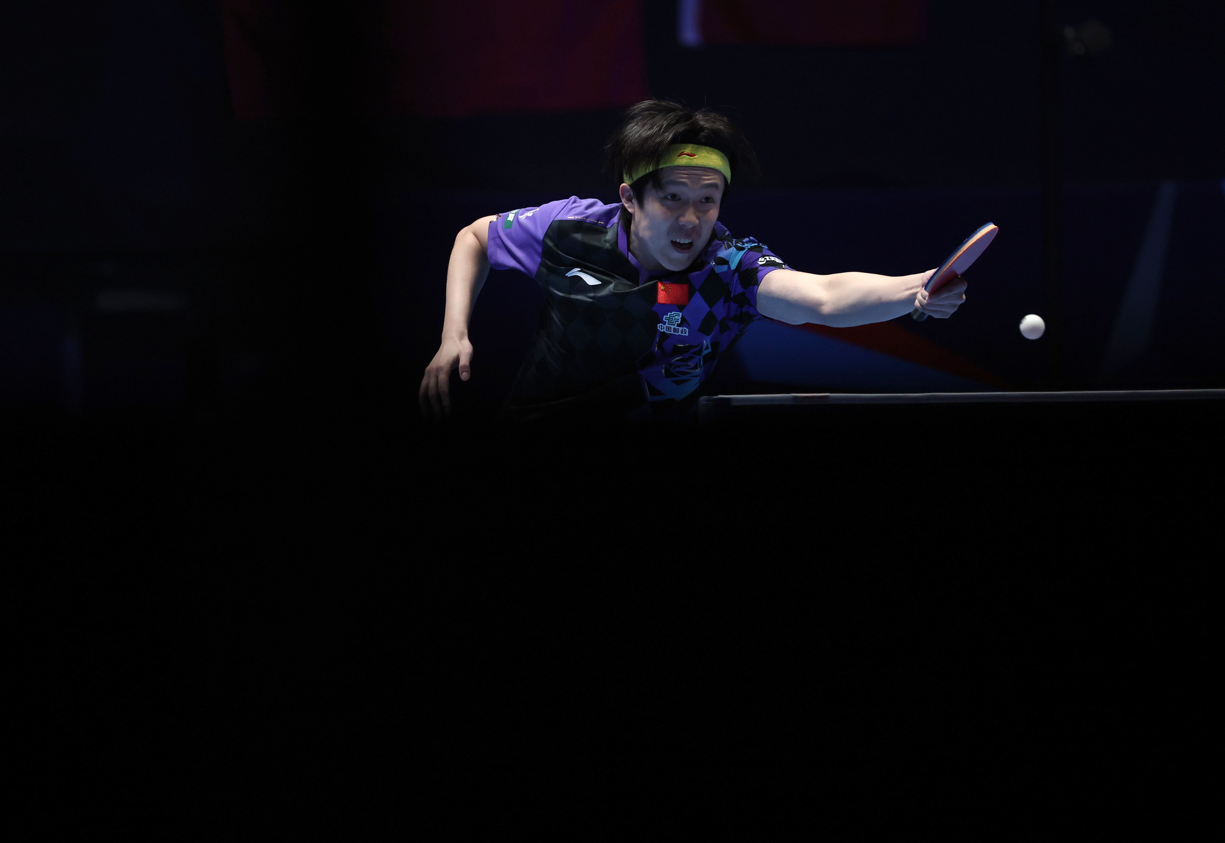Wang Chuqin hits a return to Matsushima Sora of Japan during the men’s teams final at the World Team Championships in London last month. Photo: Xinhua