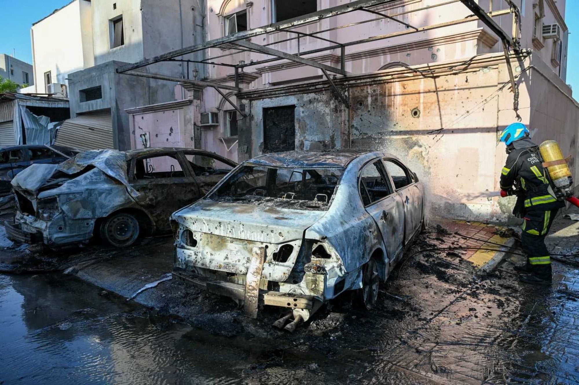 In Bahrain, several vehicles caught fire and residential buildings were damaged by ‘falling debris’. Photo: Ministry of Interior of the Kingdom of Bahrain via Reuters In Bahrain, several vehicles caught fire and residential buildings were damaged by ‘falling debris’. Photo: Ministry of Interior of the Kingdom of Bahrain via Reuters