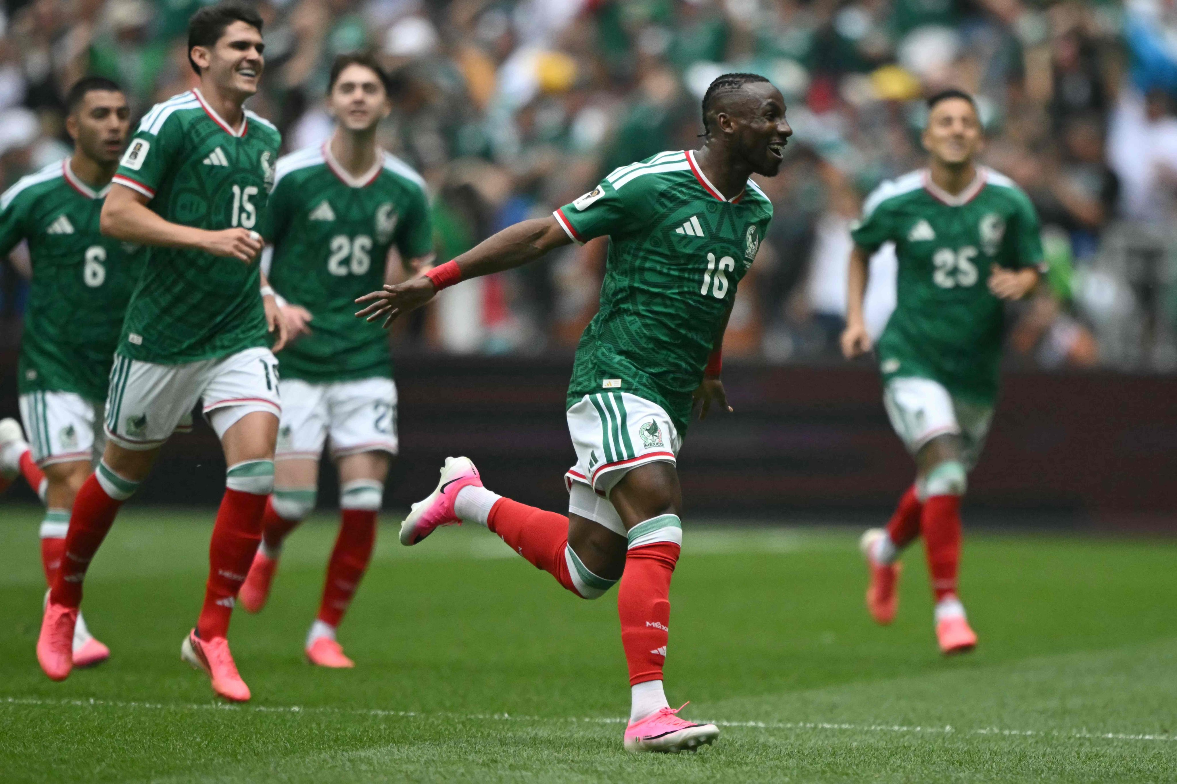 Julian Quinones celebrates scoring the opening goal of the 2026 World Cup finals for Mexico against South Africa. Photo: AFP