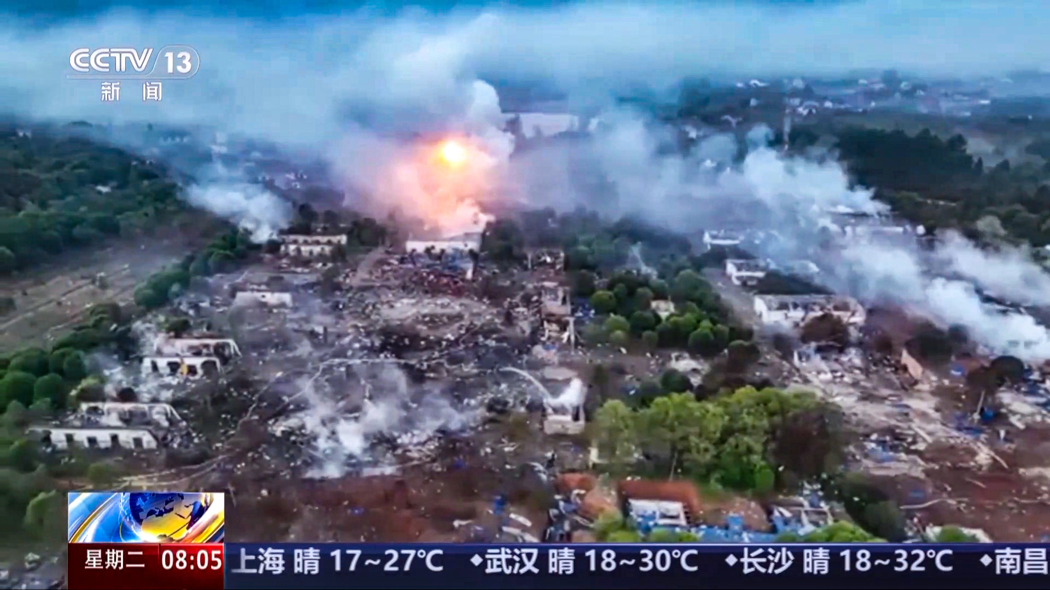 More than three dozen people died when a fireworks factory  in Liuyang, Hunan province, was hit by an explosion  on May 4. Photo: CCTV