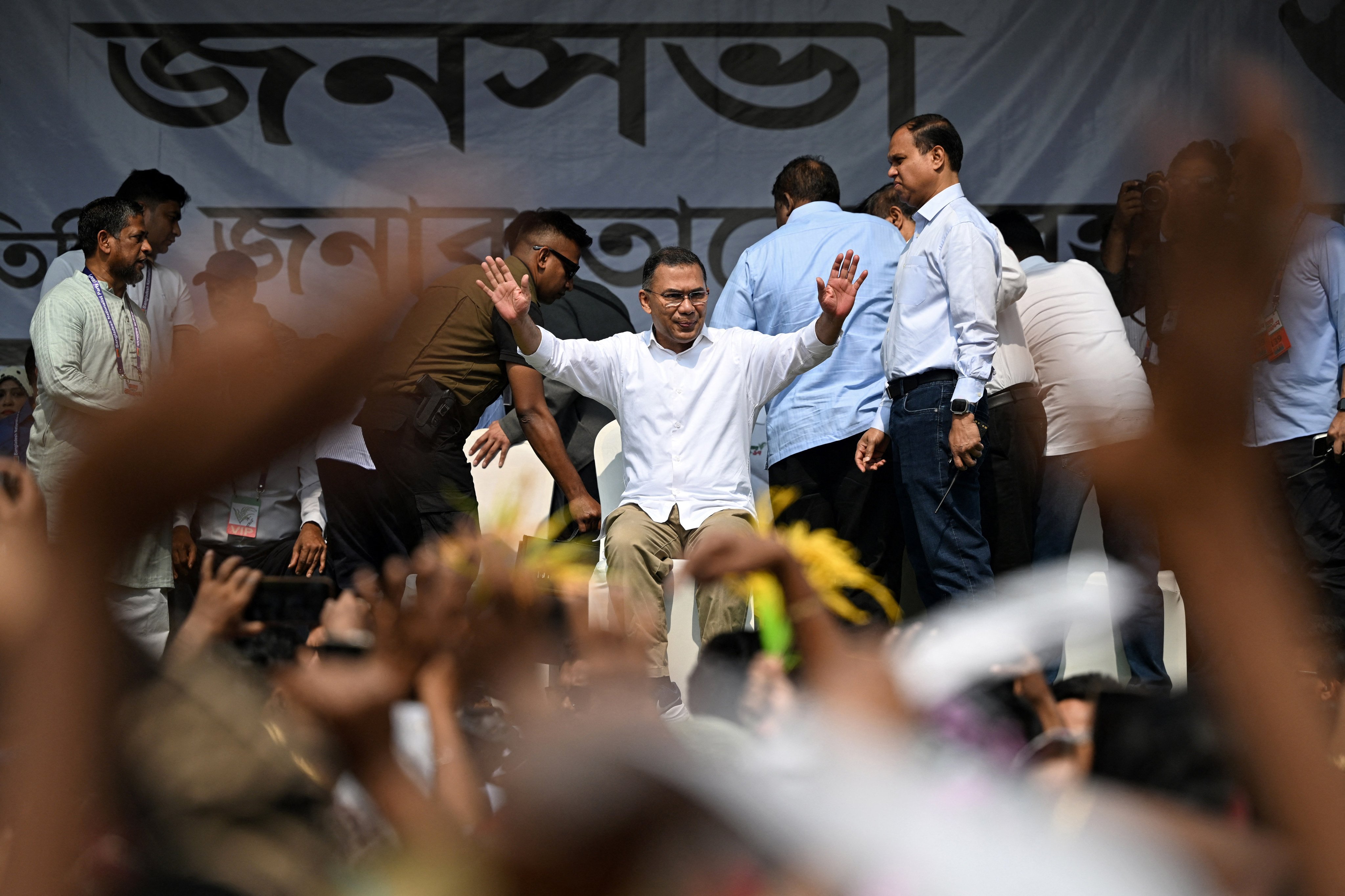 Tarique Rahman (centre), waves to supporters in Dhaka February shortly before his election as Bangladesh’s prime minister. Photo: AFP