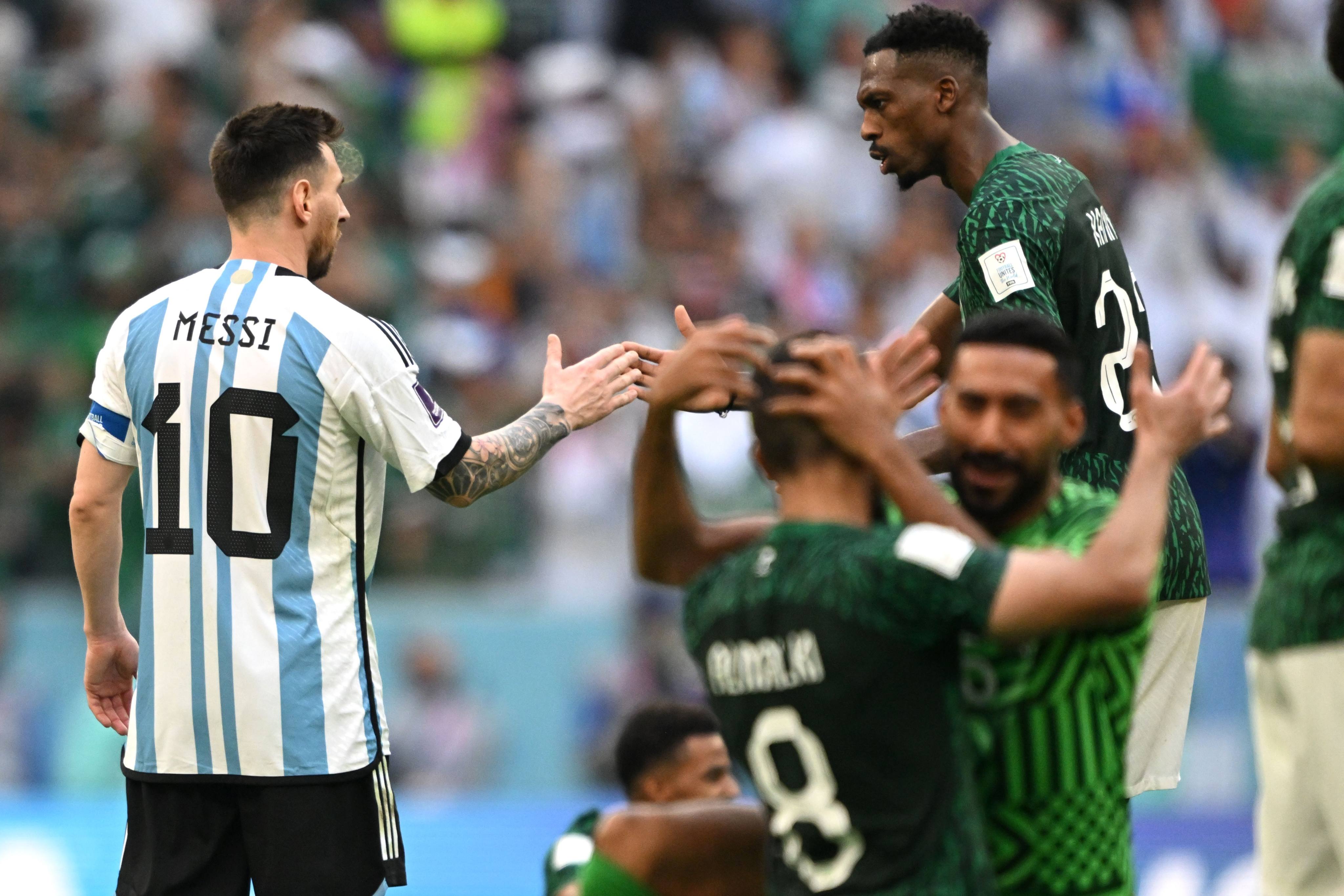 Saudi Arabia’s Mohamed Kanno shakes hands with Argentina’s Lionel Messi (left) after the final whistle of the Fifa World Cup Qatar 2022 Group C football match between Argentina and Saudi Arabia at the Lusail Stadium. Photo: dpa
