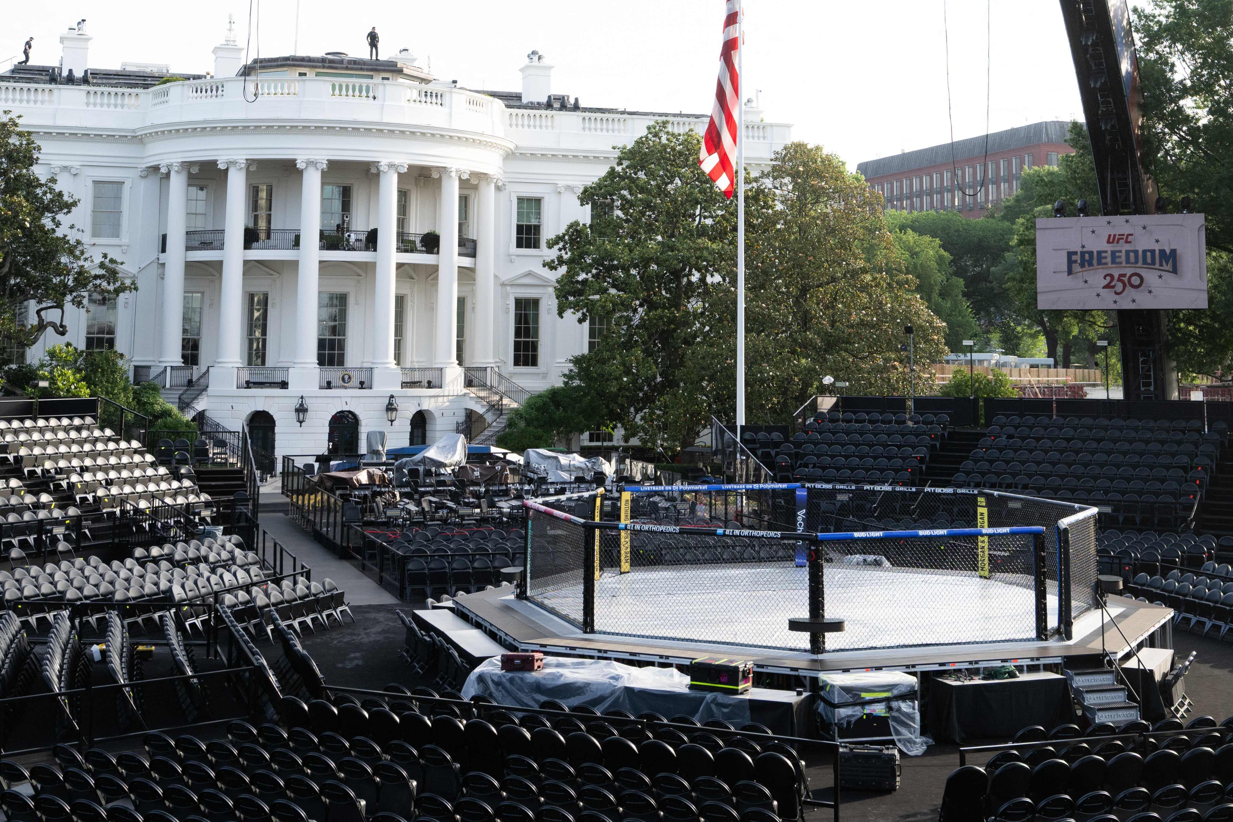 Seating and the fighting enclosure on the South Lawn of the White House for the UFC fights to be held on US President Donald Trump’s 80th birthday on Sunday. Photo: AFP