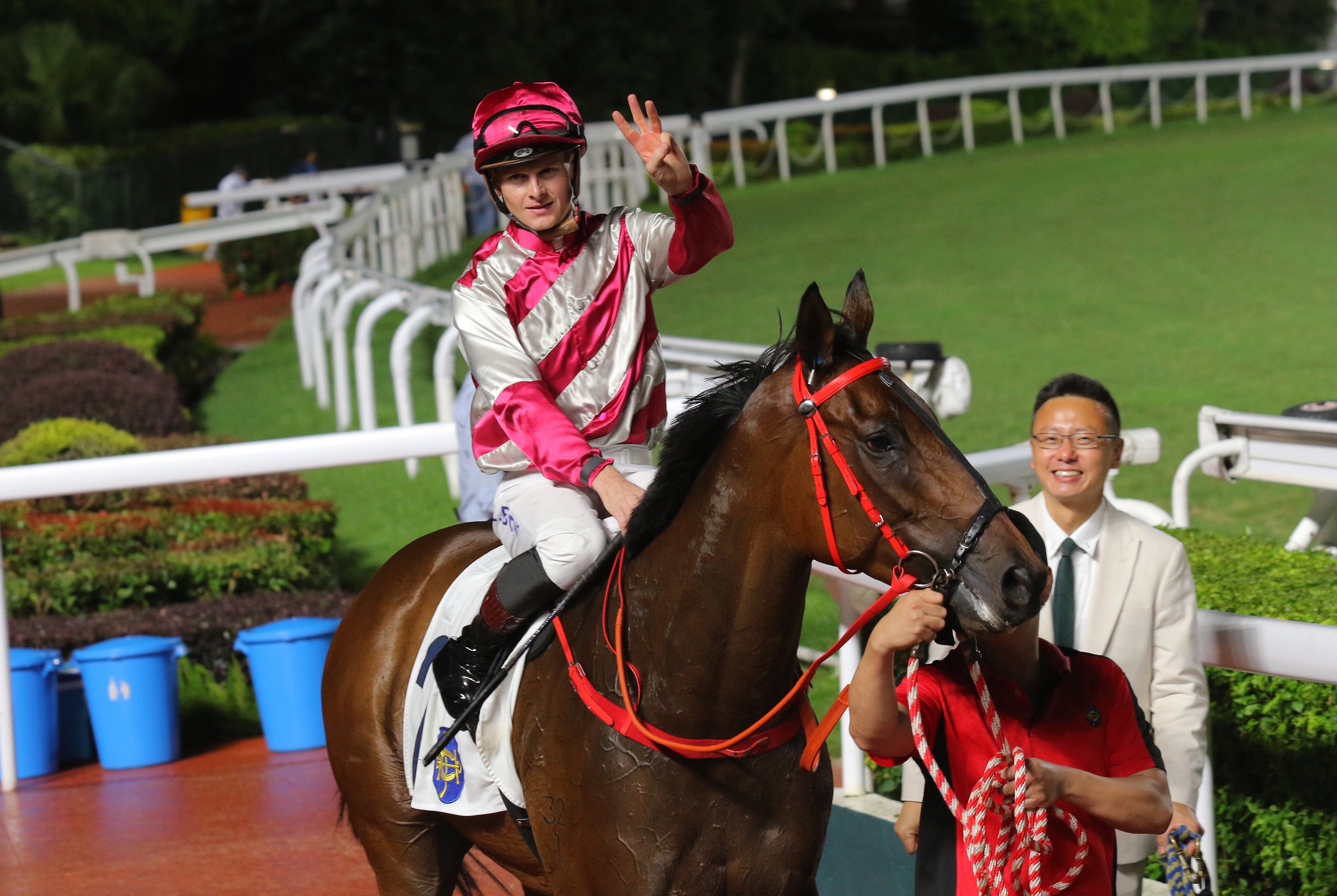 Ethan Brown celebrates his treble after guiding Endued to victory. Photos: Kenneth Chan