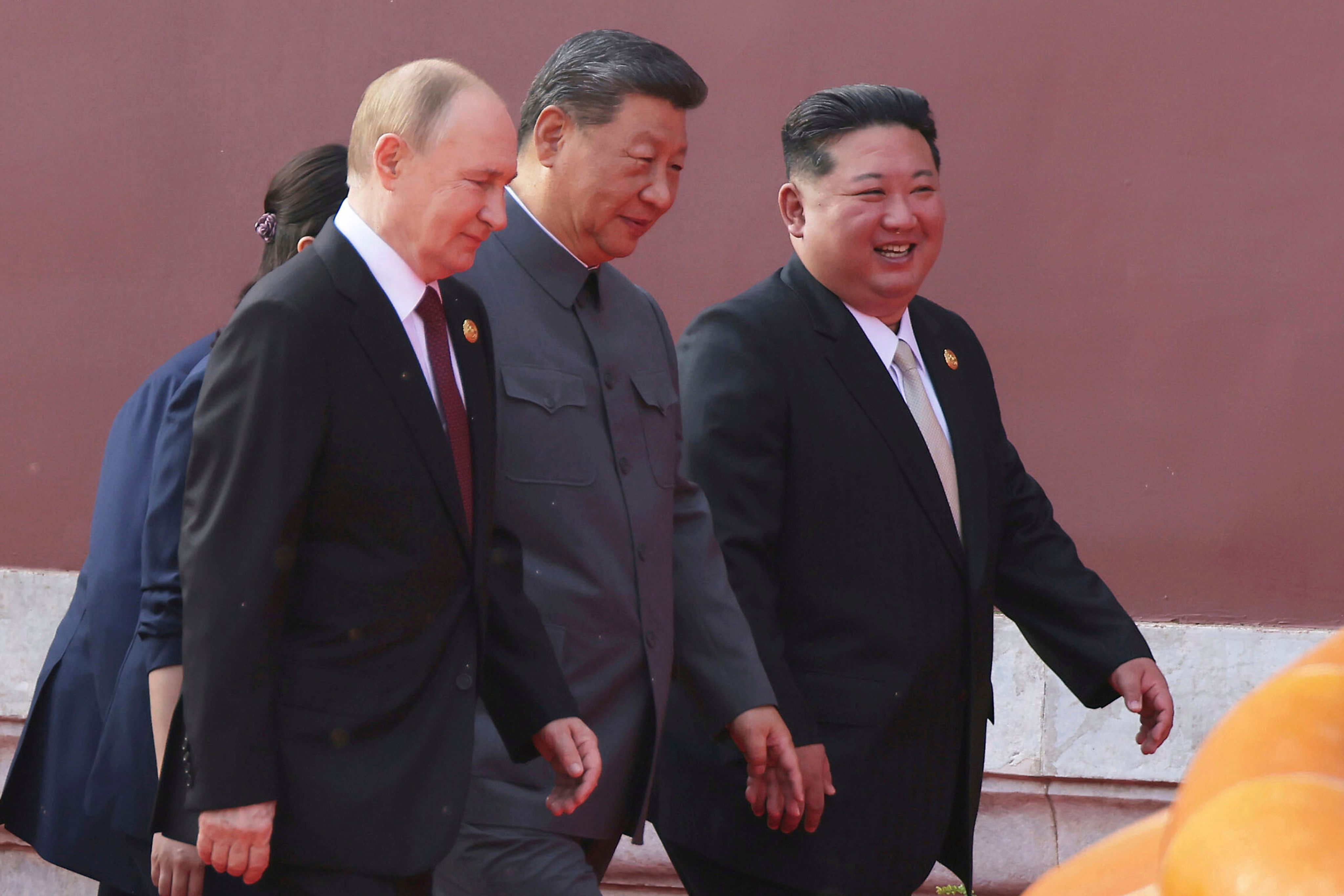 (From left) Russian President Vladimir Putin, Chinese President Xi Jinping and North Korean leader Kim Jong-un head to a military parade marking the 80th anniversary of the end of World War II at Tiananmen Square in Beijing on September 3, 2025. Photo: KCNA/AP
