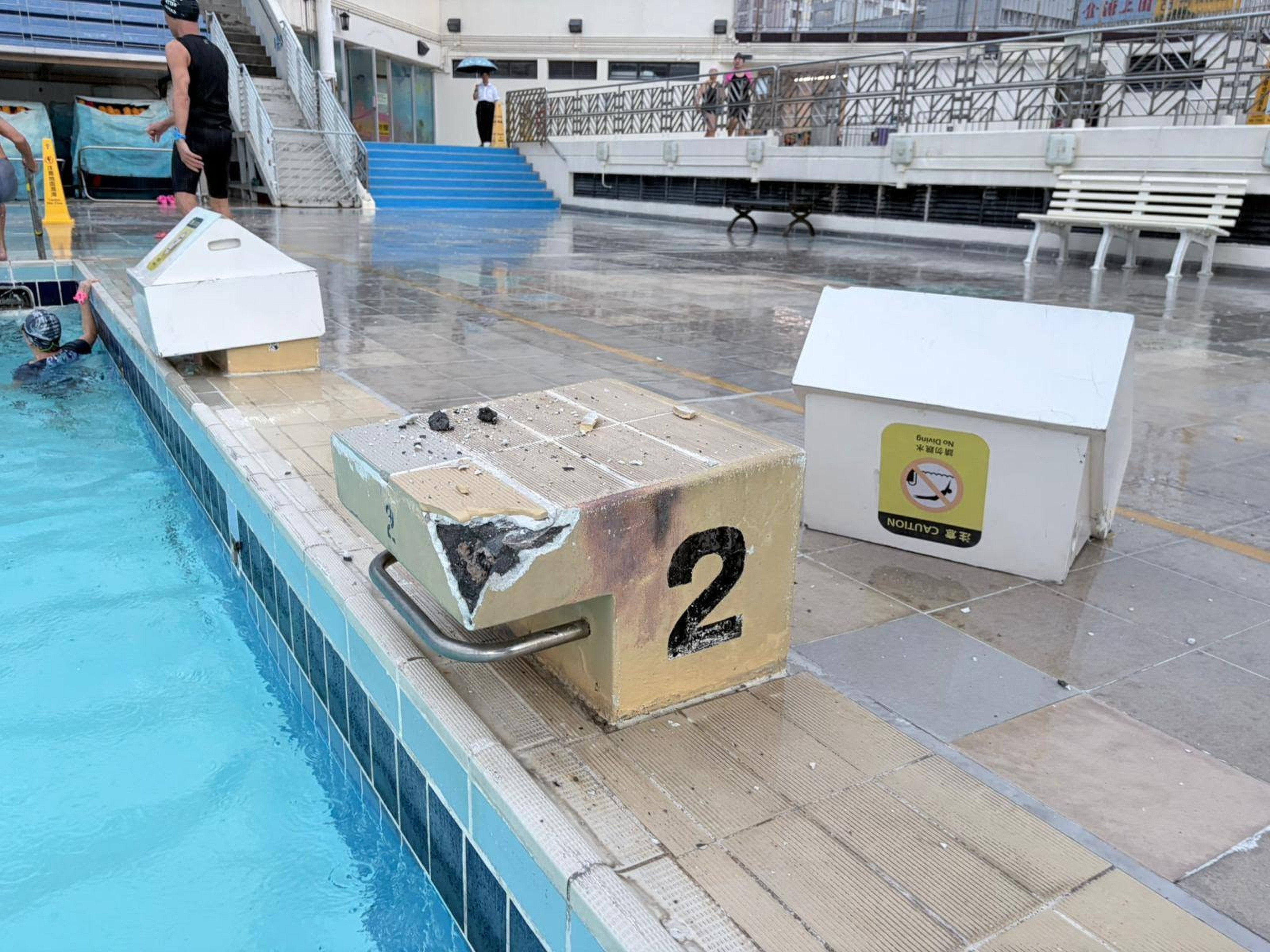 Lightning struck the diving platform at the Sha Tin Jockey Club Swimming Pool on Saturday morning. Photo: Handout