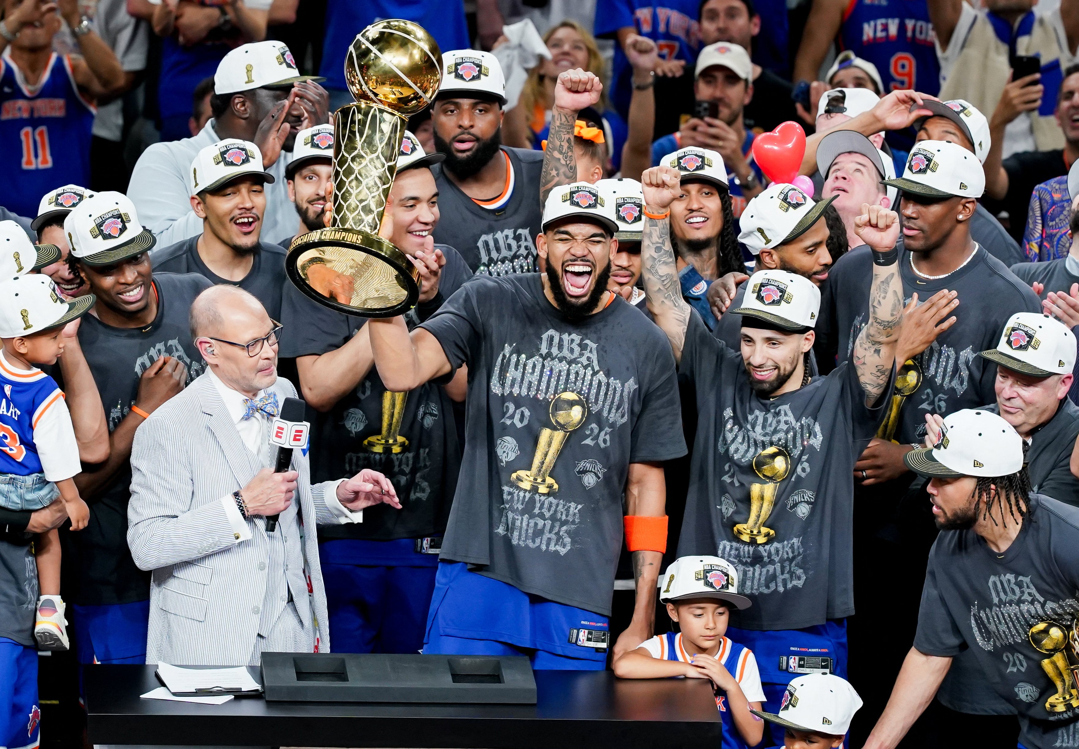 The New York Knicks celebrate after defeating the San Antonio Spurs to win the 2026 NBA championship. Photo: Dustin Safranek-Imagn Images
