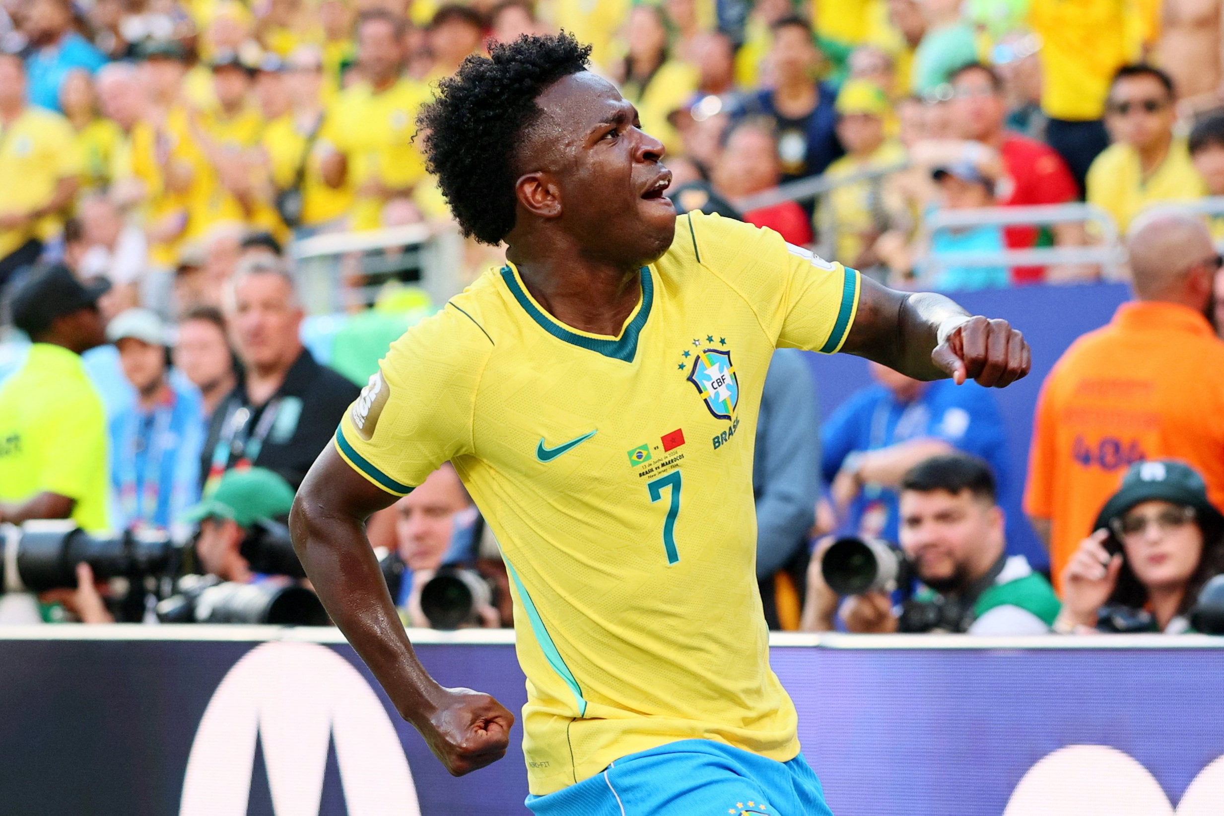 Brazil’s Vinicius Jnr celebrates his equaliser against Morocco. Photo: Reuters