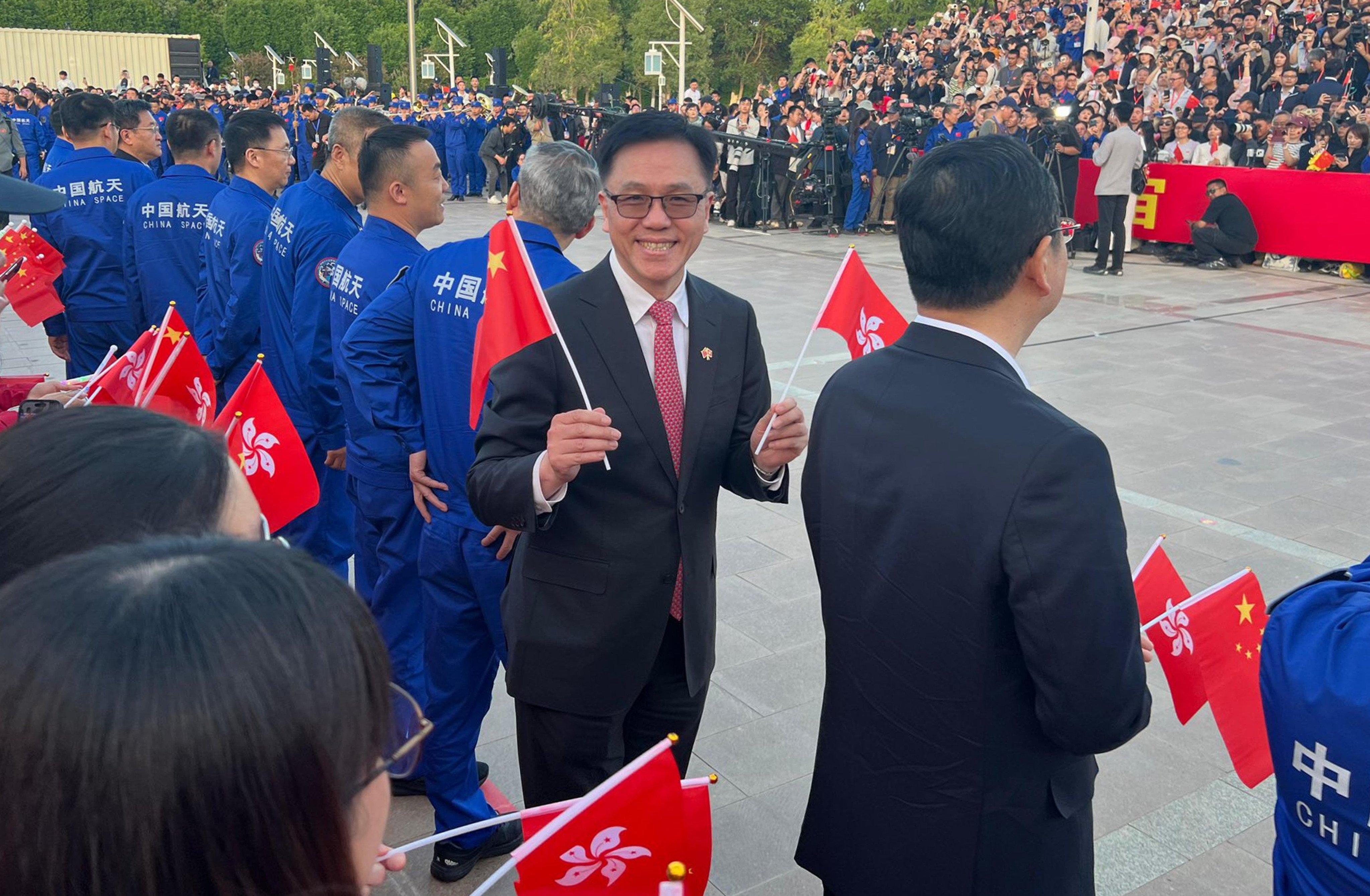 Secretary for Innovation, Technology and Industry Sun Dong (centre) attends the send-off ceremony last month. Photo: Handout