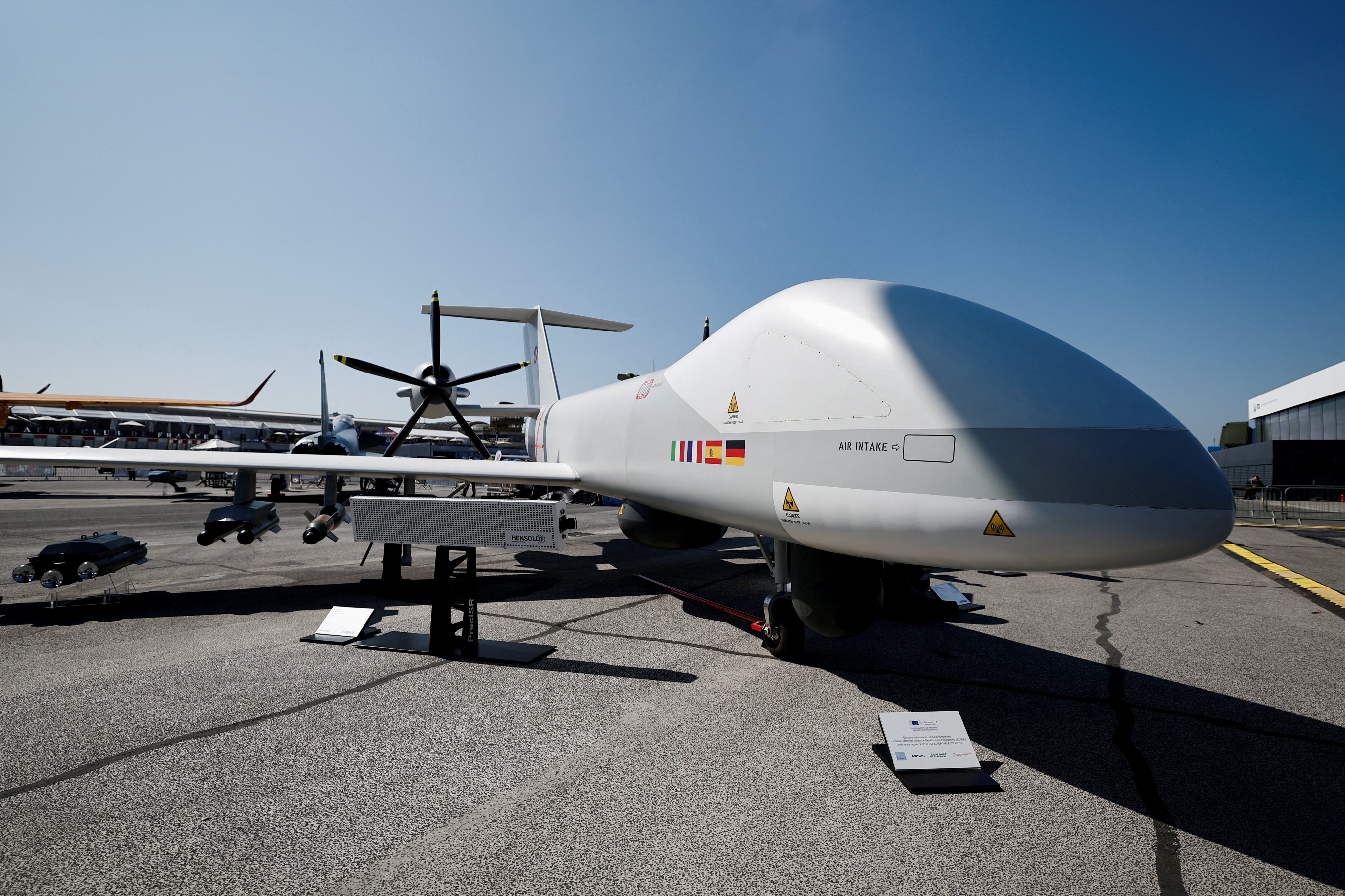 An Airbus Eurodrone remotely piloted aircraft system on display at the 55th International Paris Airshow at Le Bourget Airport, near Paris, France, on June 17, 2025. Photo: Reuters