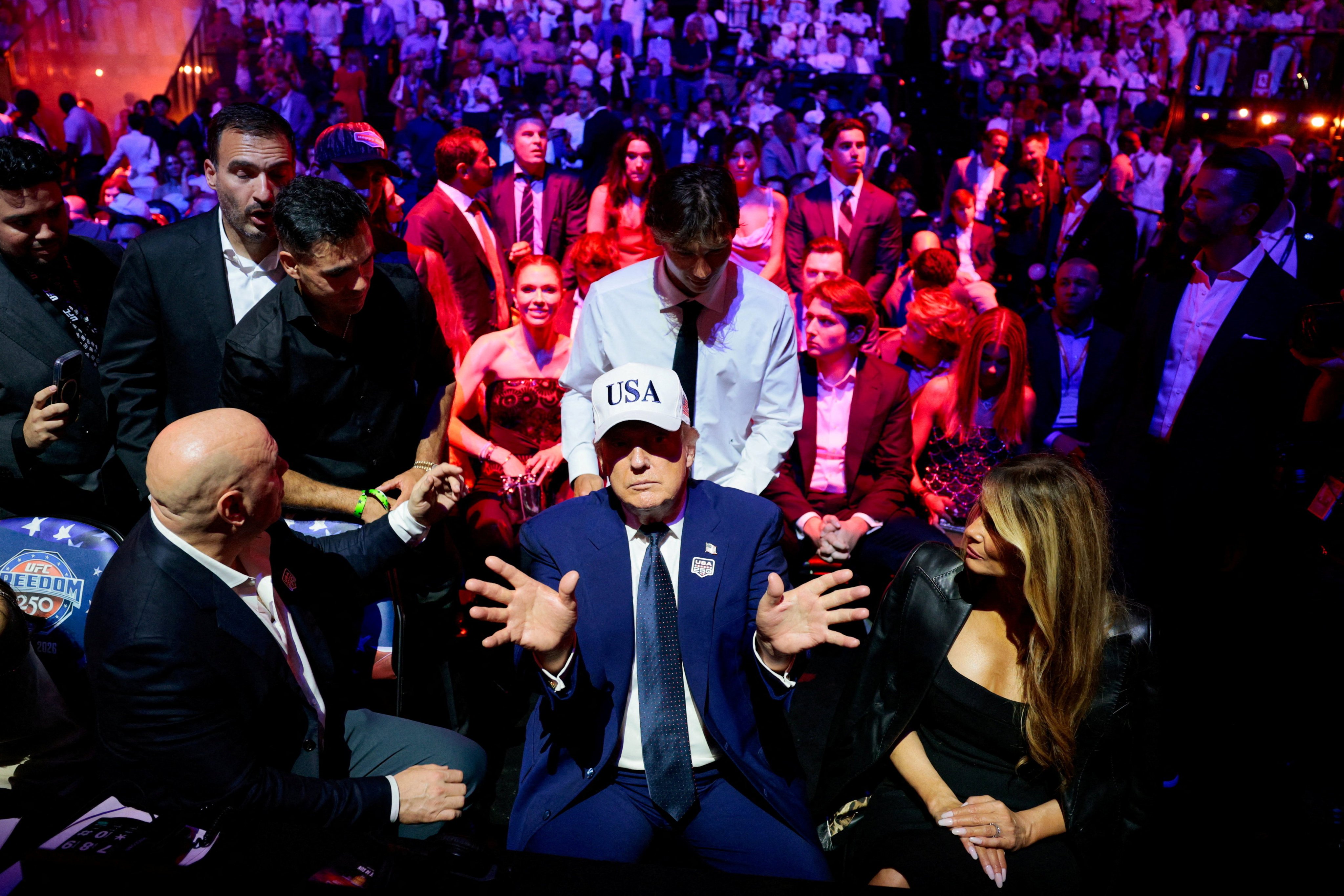 US President Donald Trump at a UFC cage fight event on the White House lawn on Sunday. Photo: Reuters