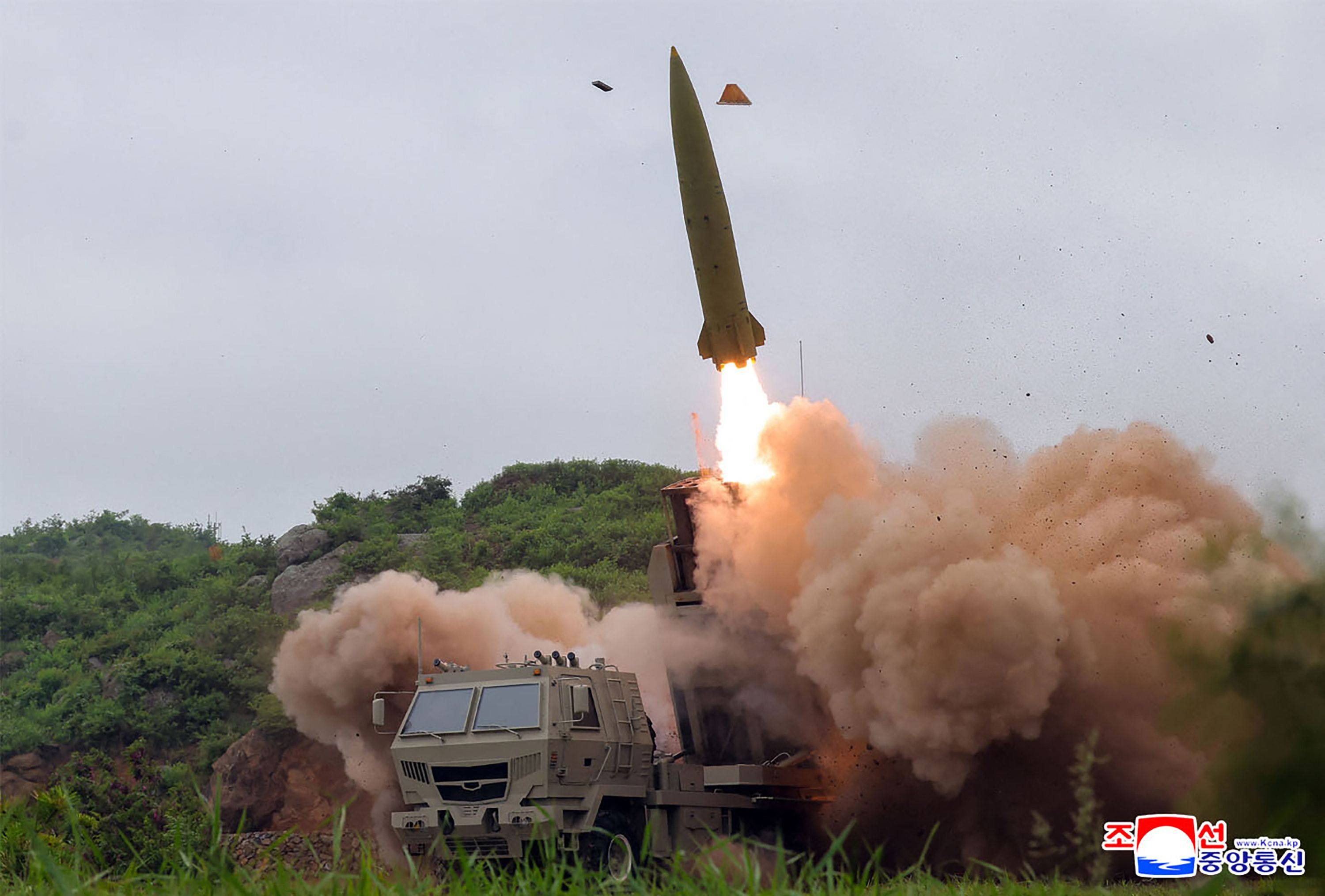 A test firing of a missile launch system is conducted at an undisclosed location in North Korea last month. Photo: KCNA via KNS/AFP