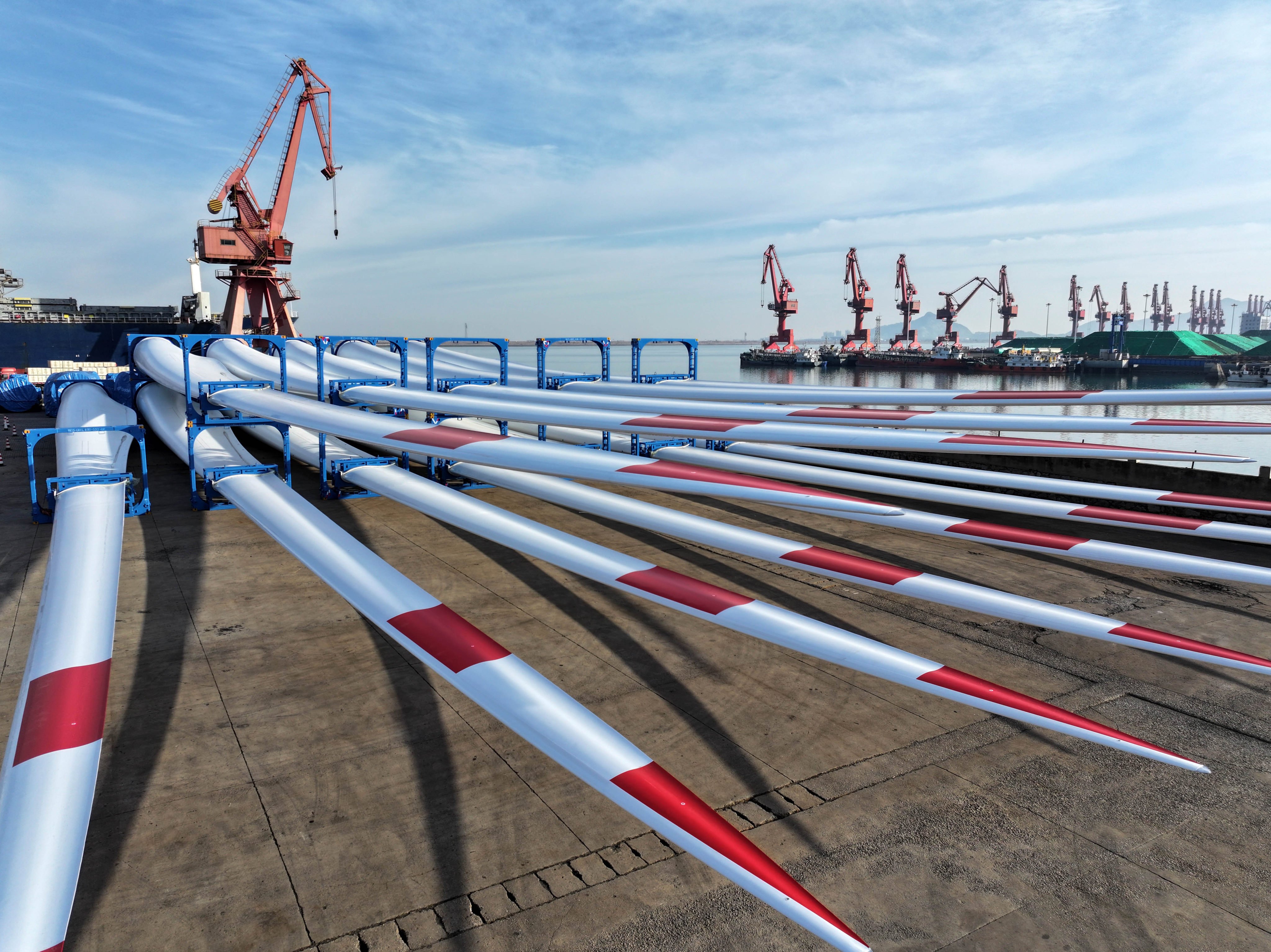 Wind power generation equipment is ready to be shipped for export at Lianyungang port in China on December 9, 2024. Photo: Getty Images
