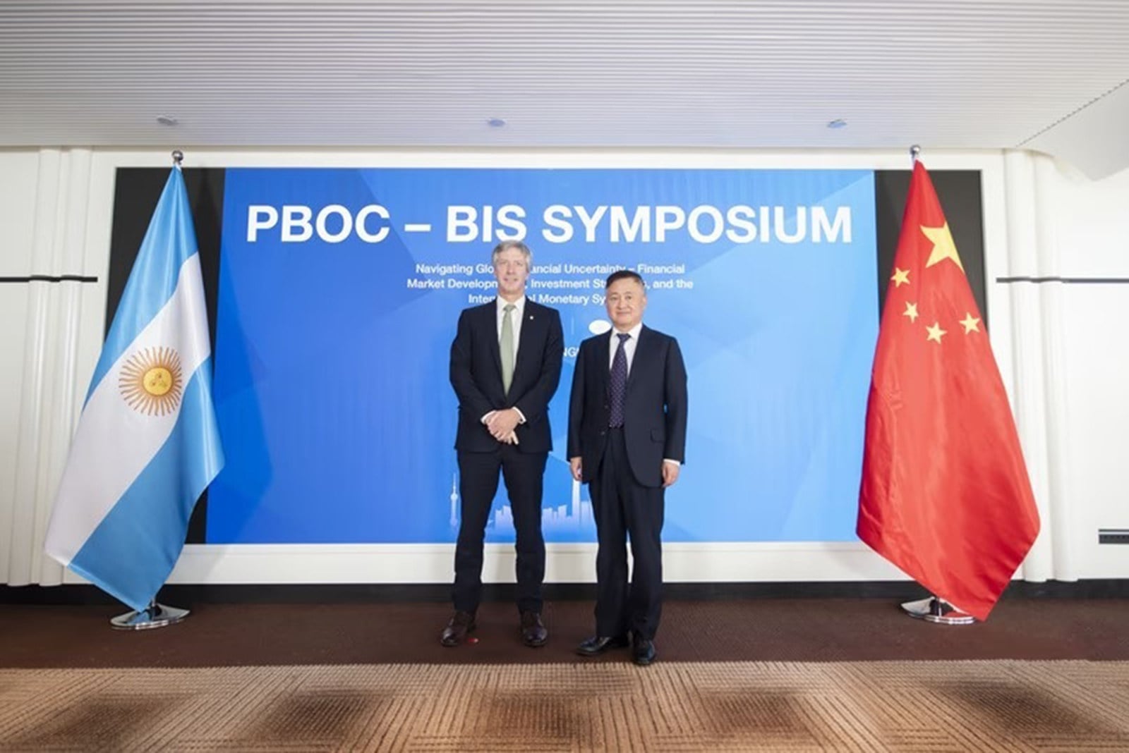 People’s Bank of China governor Pan Gongsheng (right) with Santiago Bausili, the president of the Central Bank of Argentina, at the PBOC-BIS Symposium in Shanghai on Wednesday. Photo: Handout