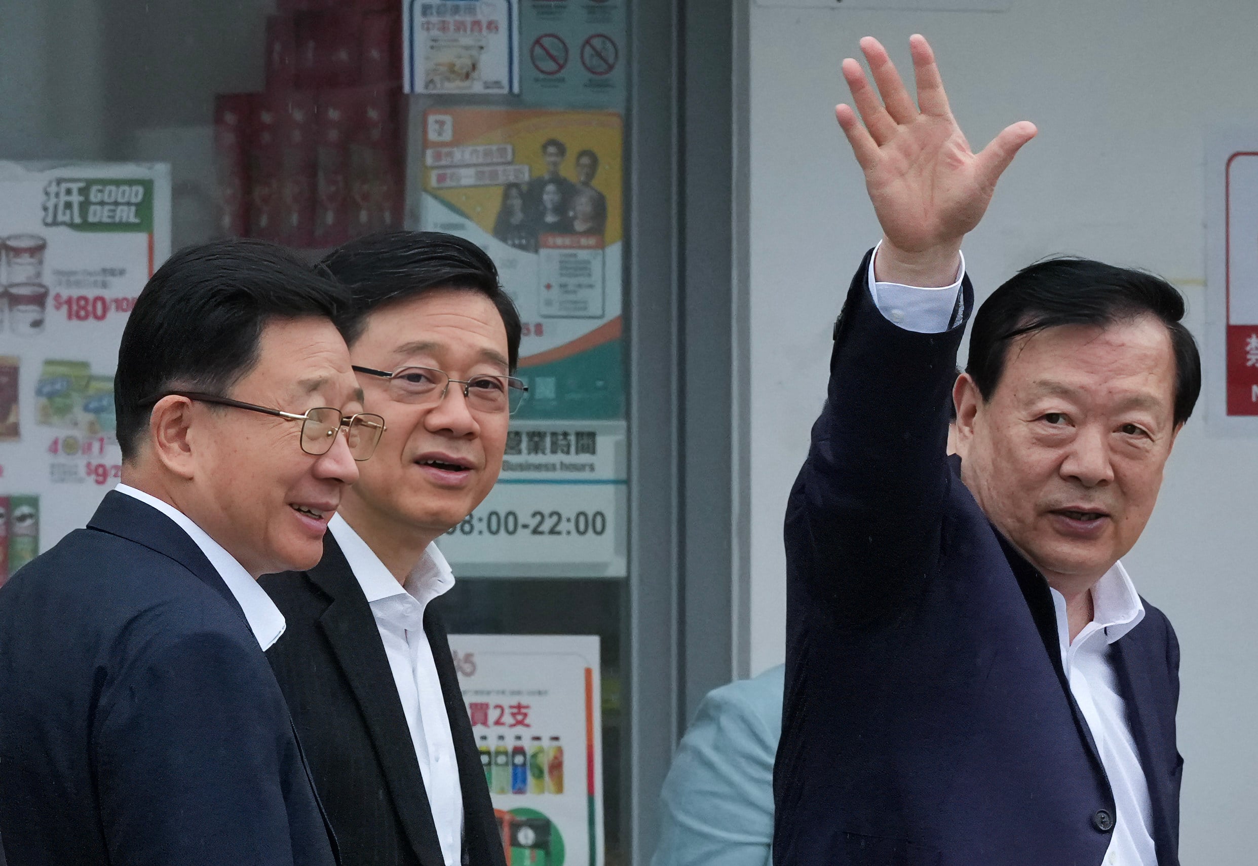 Xia Baolong (right), director of the Hong Kong and Macau Affairs Office, visits the Yau Pok Light Public Housing block in Yuen Long with Chief Executive John Lee (centre) on June 16. Xia is on a two-day visit to the city to review its alignment with the 15th national five-year plan and progress on the Northern Metropolis housing and economic hub. Photo: Jelly Tse