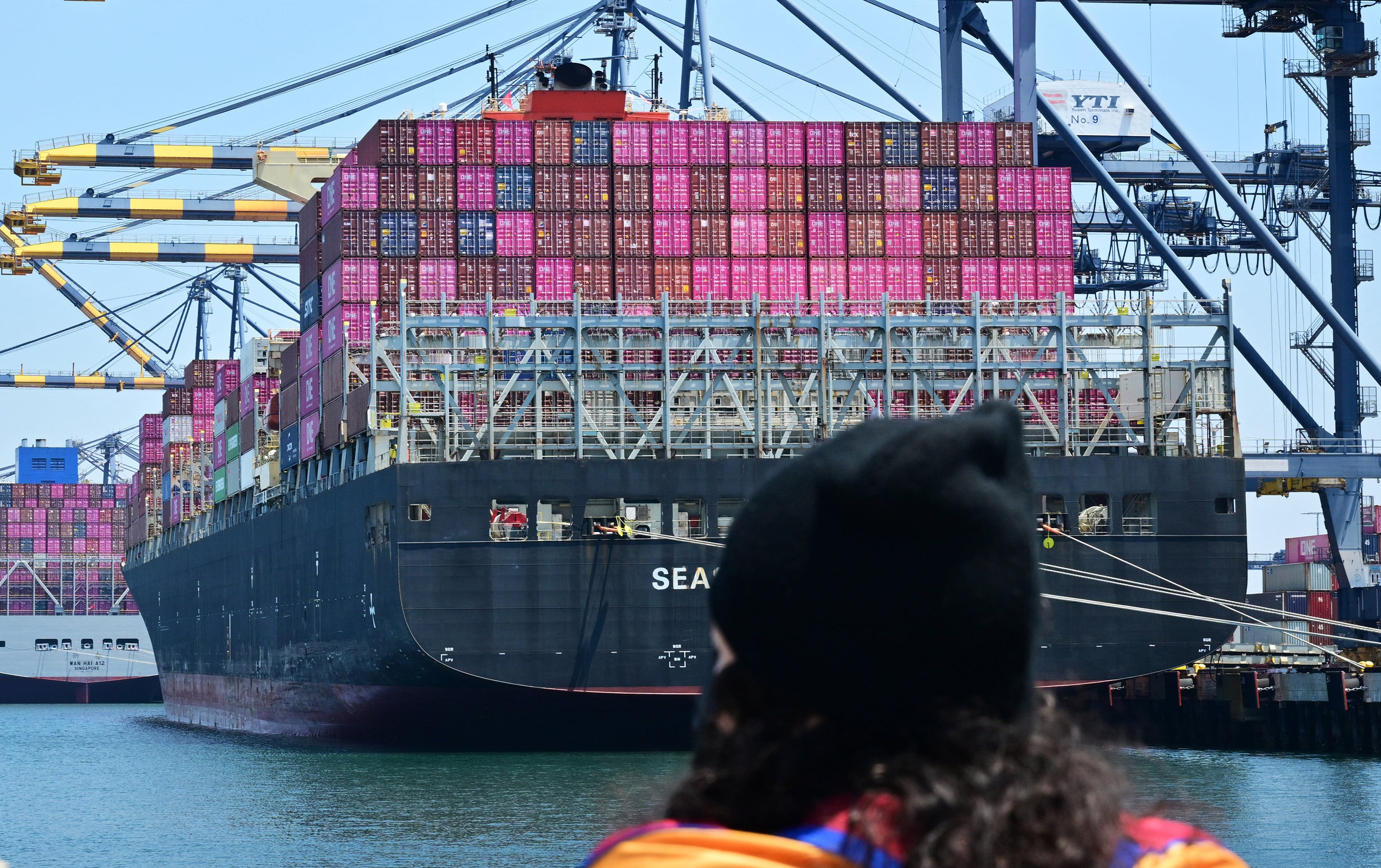 A person taking a boat tour watches freight ships full of containers at the Port of Los Angeles, California, on May 9. Photo: AFP via Getty Images / TNS