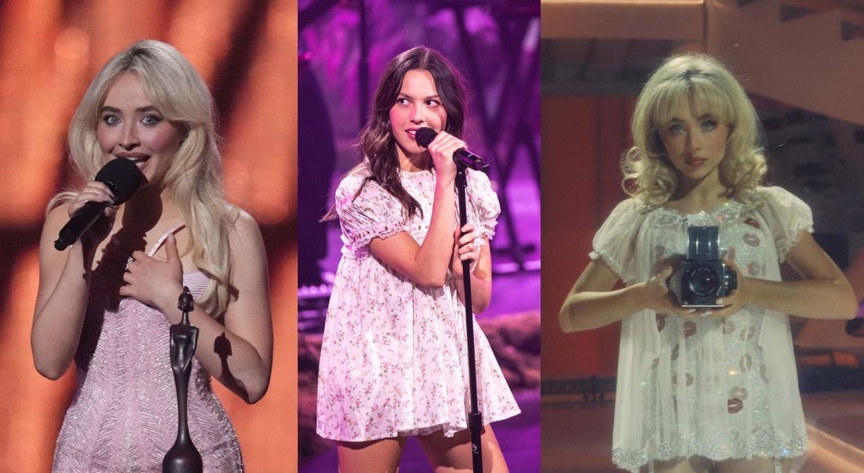 Critics accuse celebrities like Sabrina Carpenter (left and right) and Olivia Rodrigo (centre) of using babydoll dresses to deliberately style themselves as childlike while simultaneously sexualising the look. Photo: dpa/TNS/Instagram