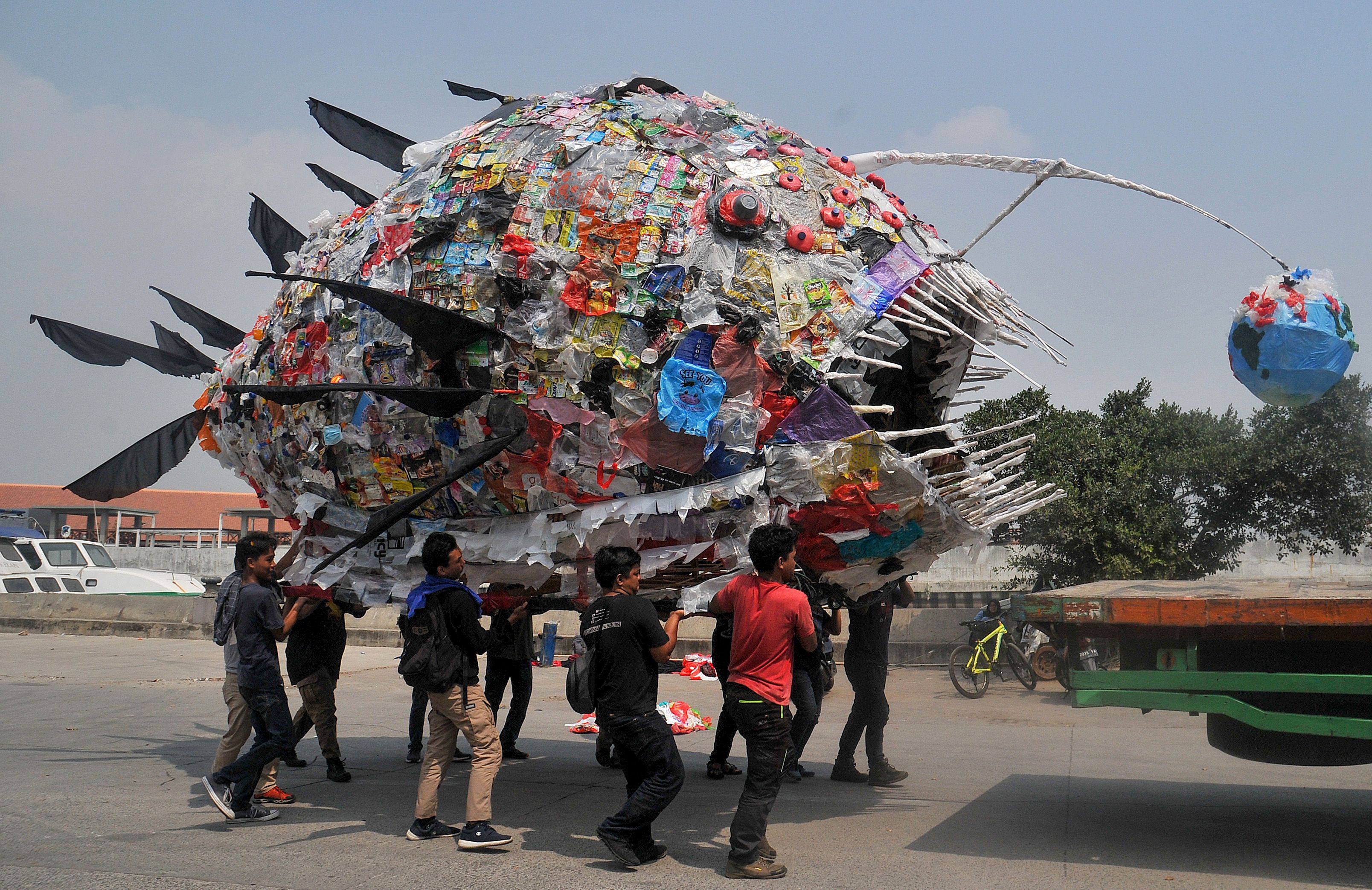 An installation depicting an anglerfish made from plastic waste is displayed during a rally in Jakarta in 2019. Photo: AFP